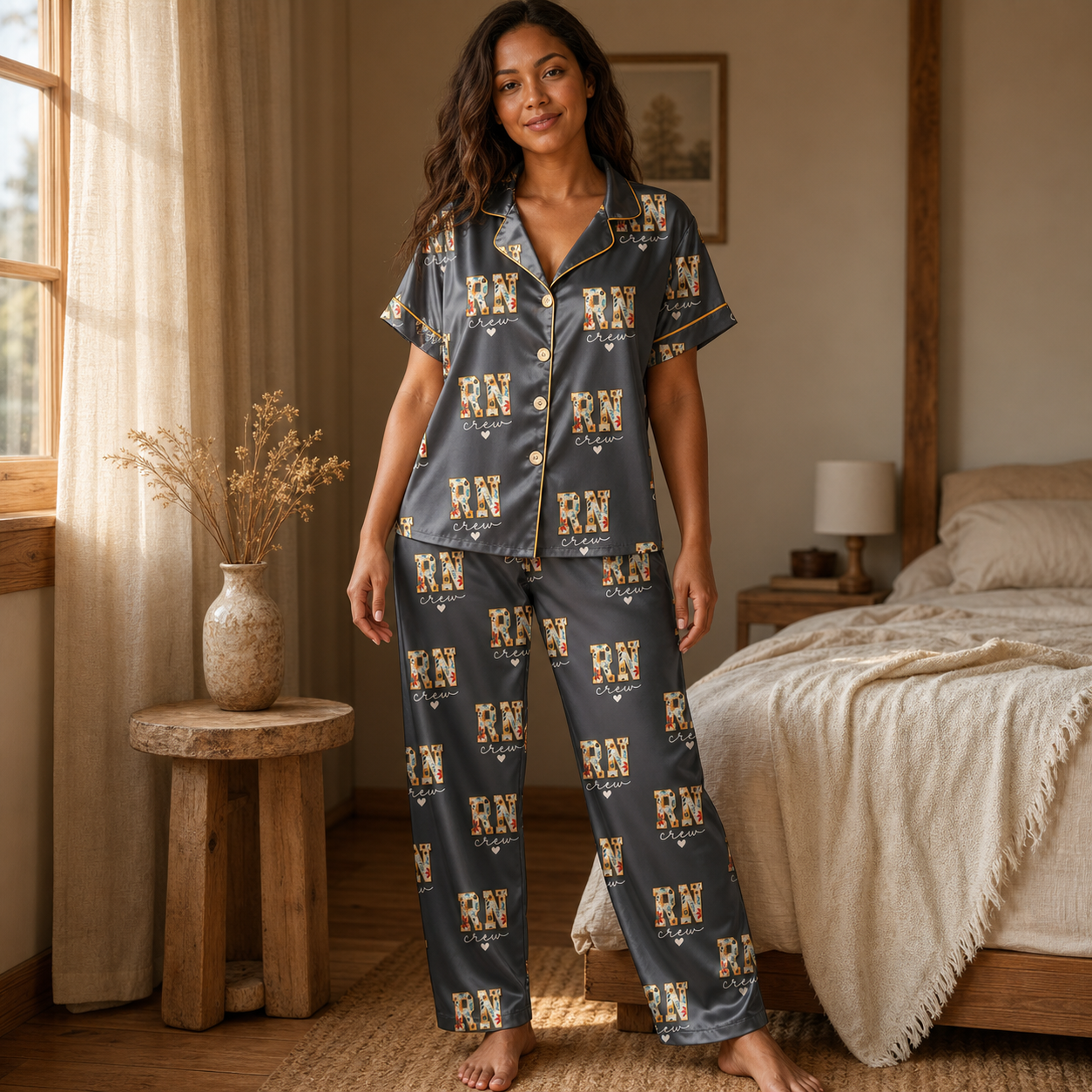 RN Crew Sunflower Floral Satin Pajama Set - Long lifestyle