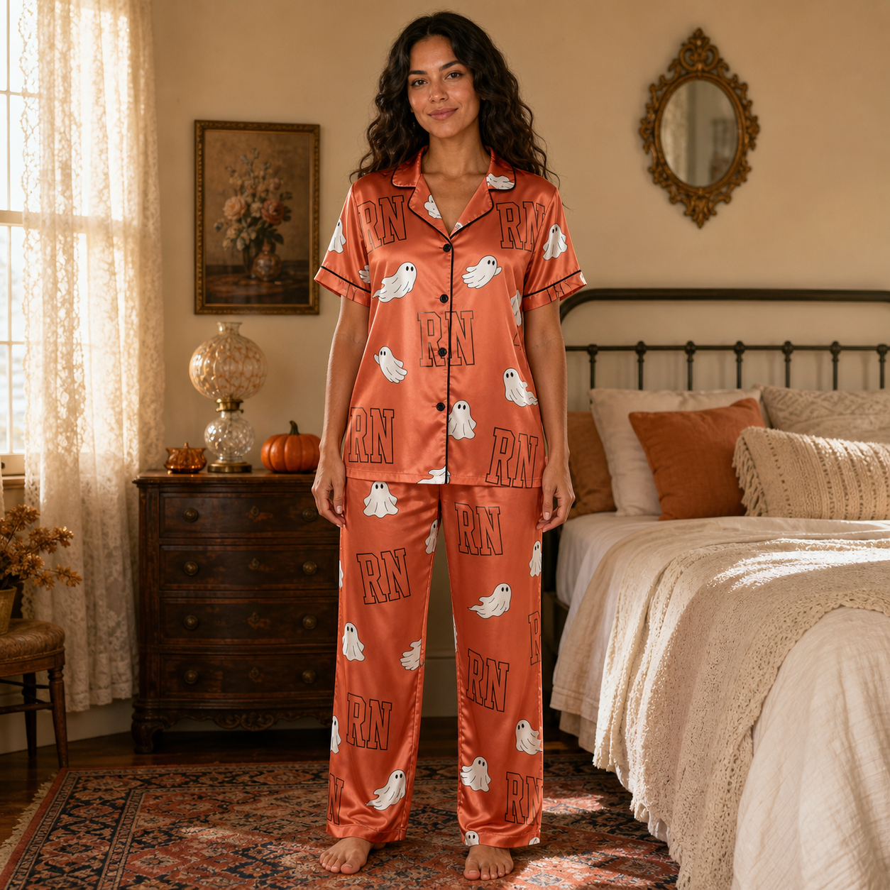 Cute Ghost RN Halloween Satin Pajama Set - Long lifestyle