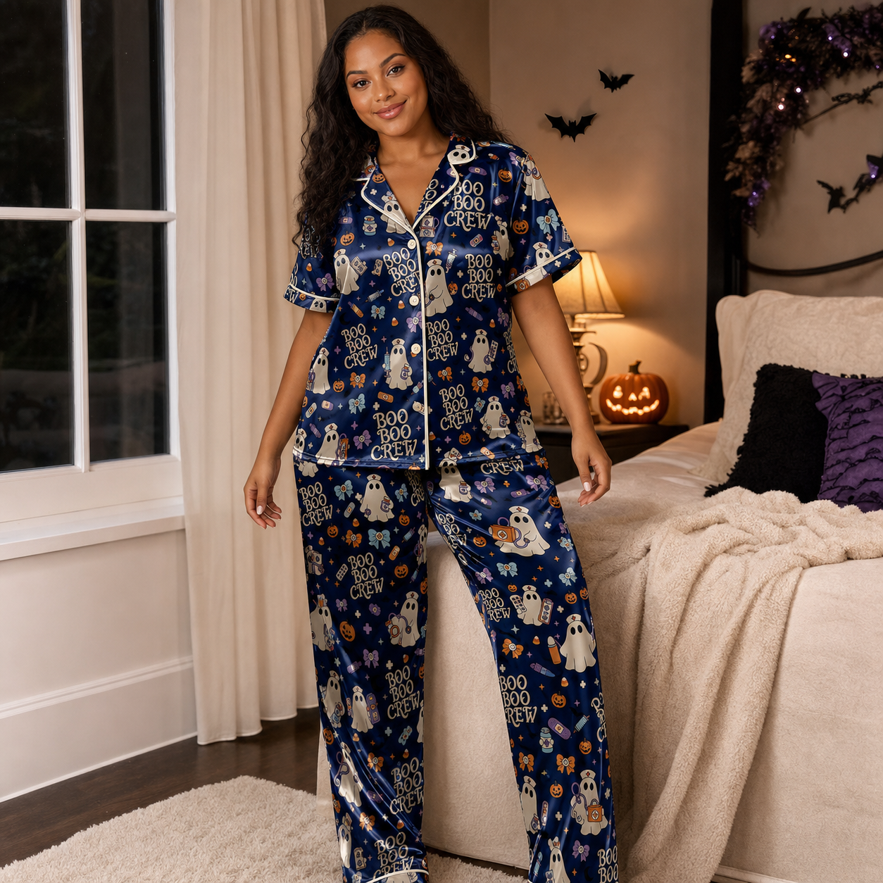 Boo Boo Crew Nurse Ghost Halloween Satin Pajama Set - Long lifestyle