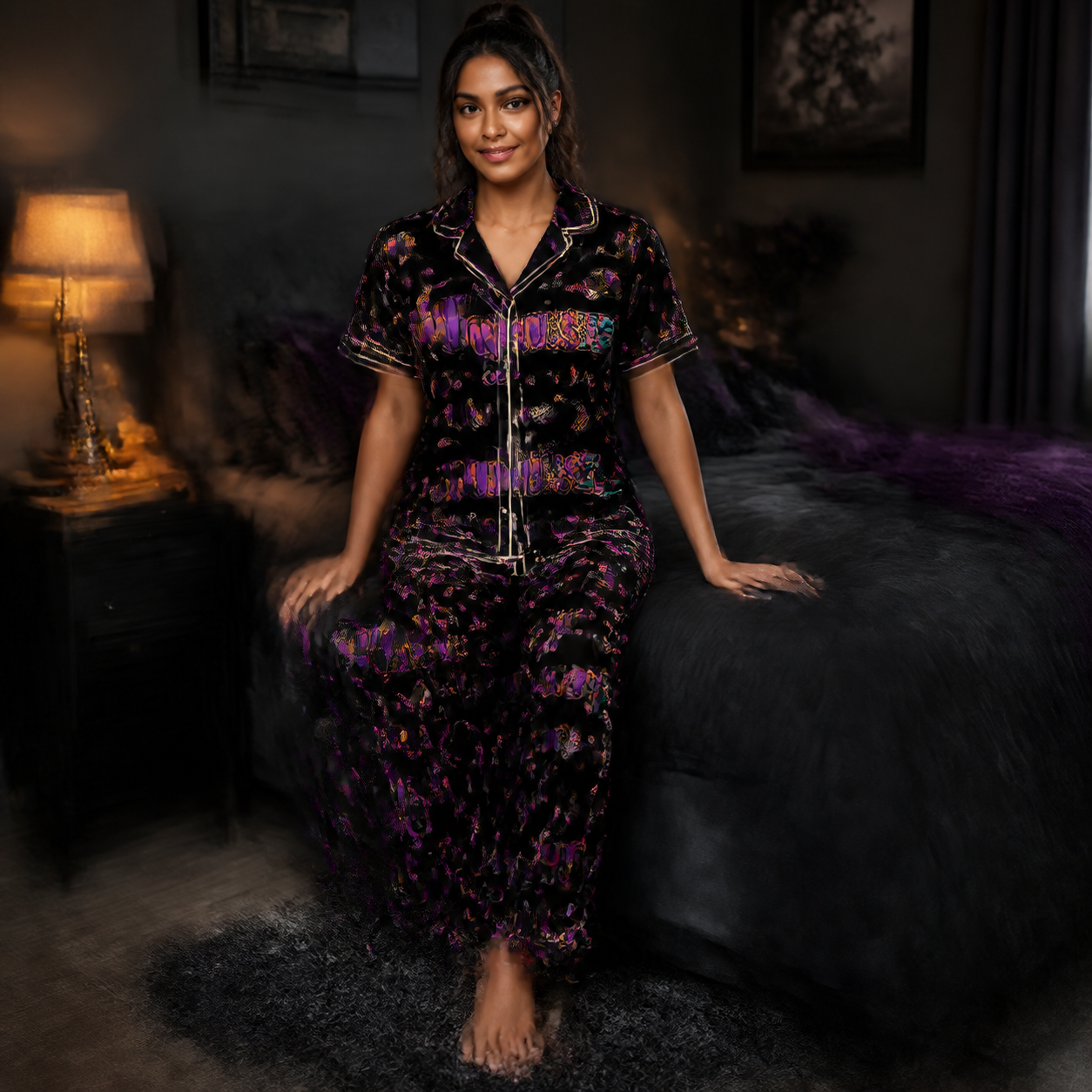 Nurse Halloween Candy Bandage Black Satin Pajama Set - Long lifestyle