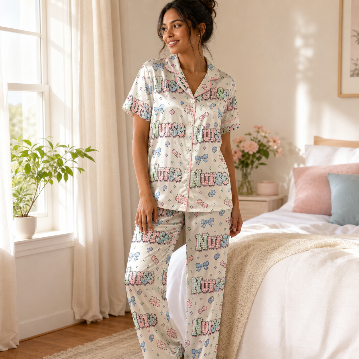 Cute Nurse Bandage Bow Satin Pajama Set - Lifestyle long model