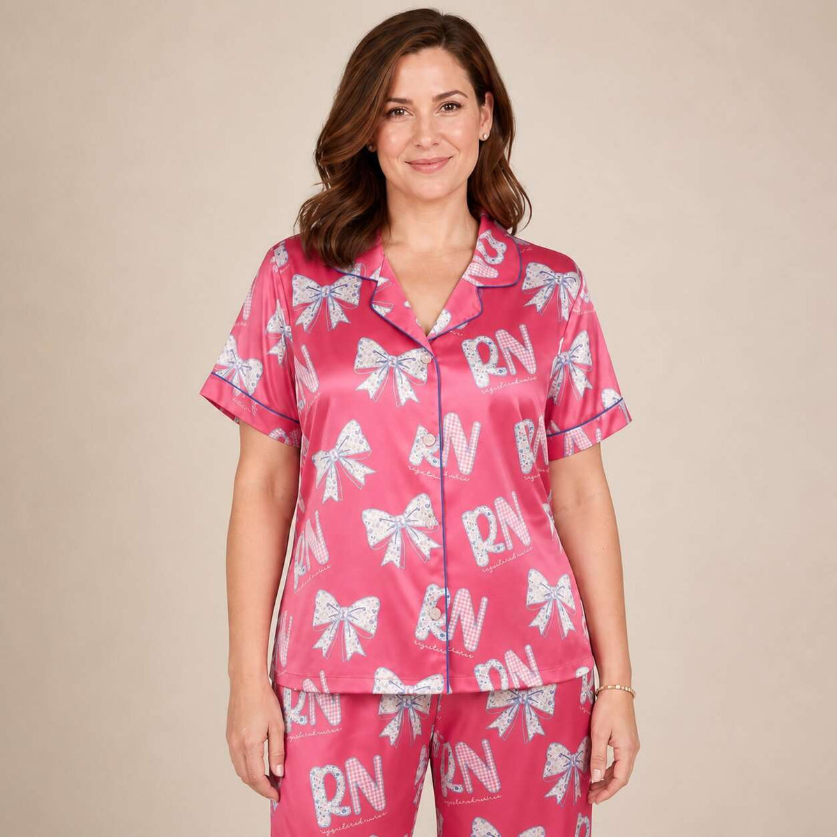 RN Registered Nurse Hot Pink Floral Bow Satin Pajama Set
