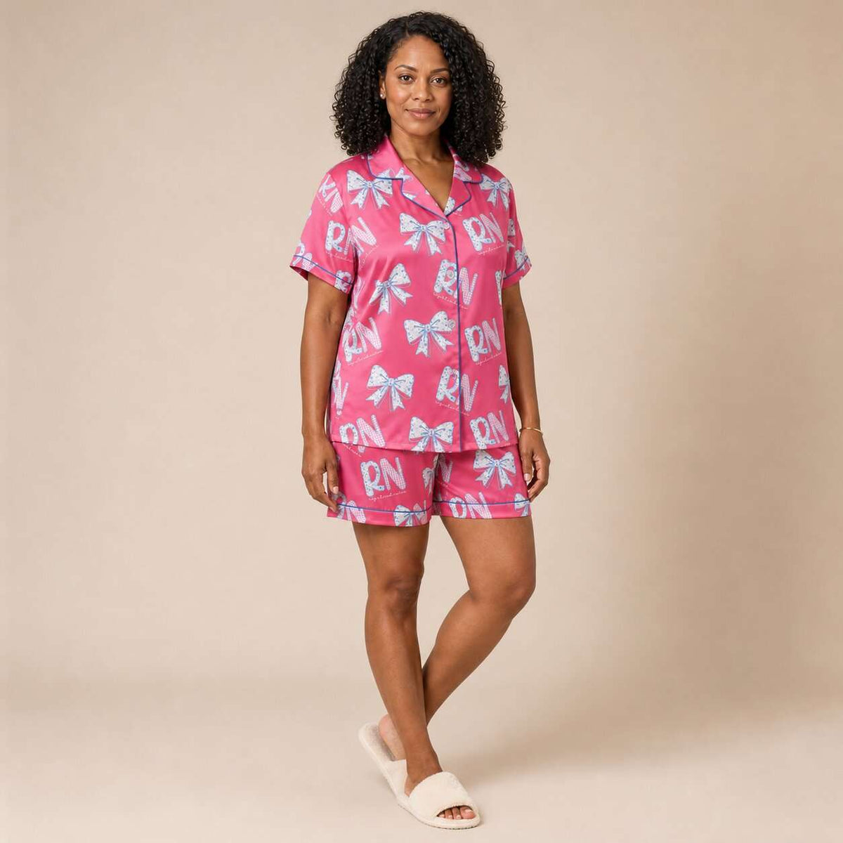 RN Registered Nurse Hot Pink Floral Bow Satin Pajama Set