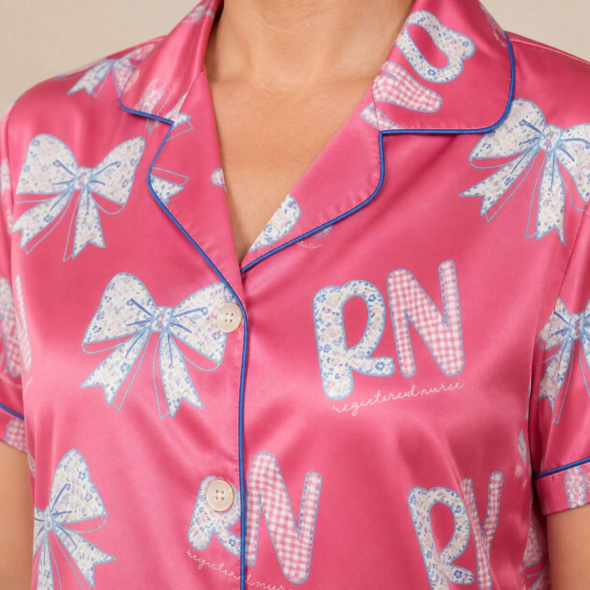 RN Registered Nurse Hot Pink Floral Bow Satin Pajama Set