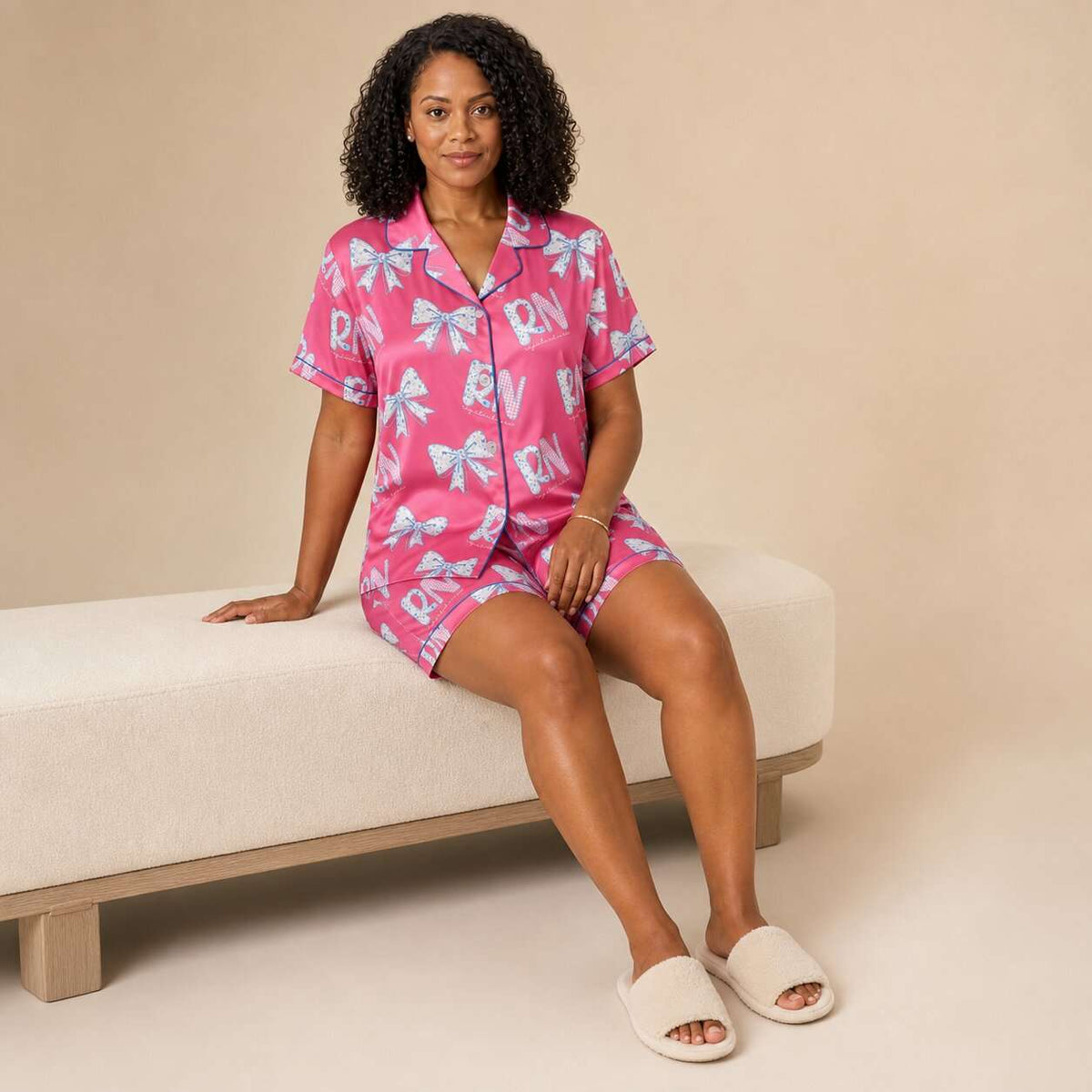 RN Registered Nurse Hot Pink Floral Bow Satin Pajama Set