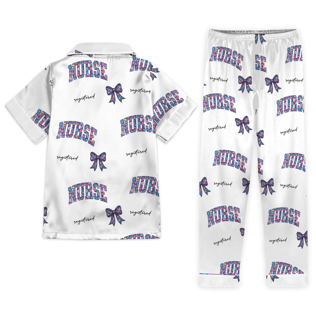 Nursehype Registered Nurse Galaxy Glitter Bow Satin Pajama Set