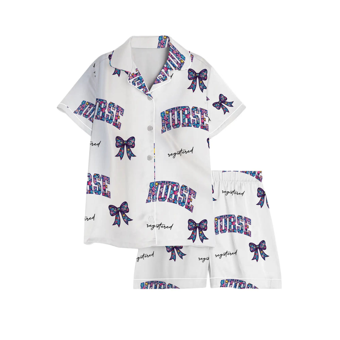 Nursehype Registered Nurse Galaxy Glitter Bow Satin Pajama Set