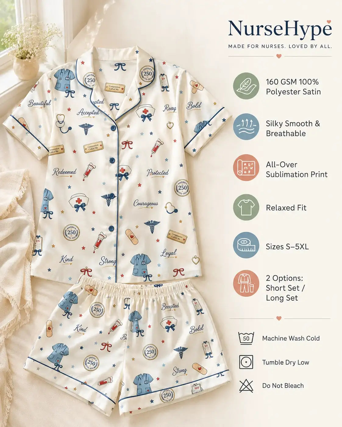 Compassion Called Us America 250 Nurse Satin Pajama Set