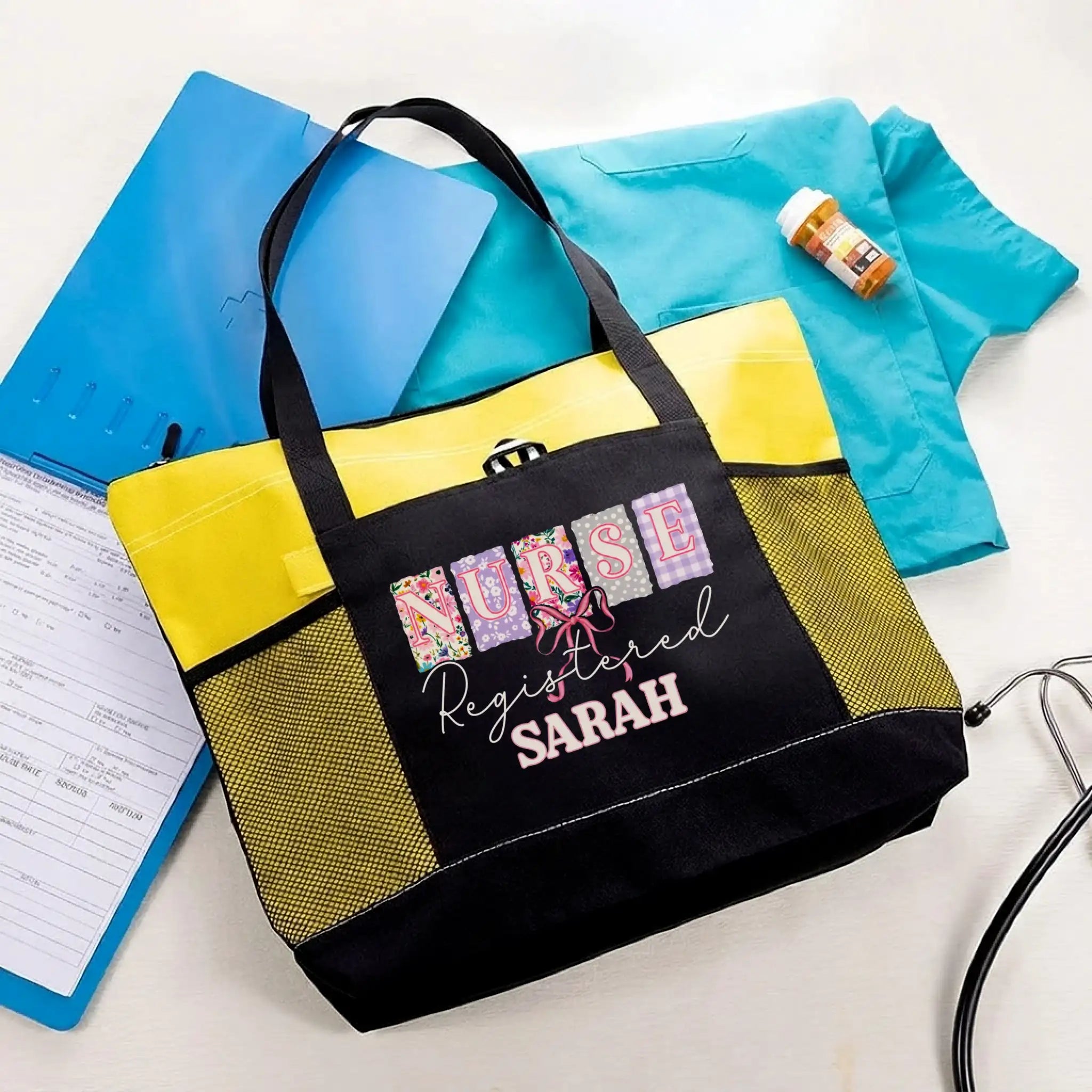 Nursehype Coquette Patchwork Registered Nurse Personalized Tote Bag