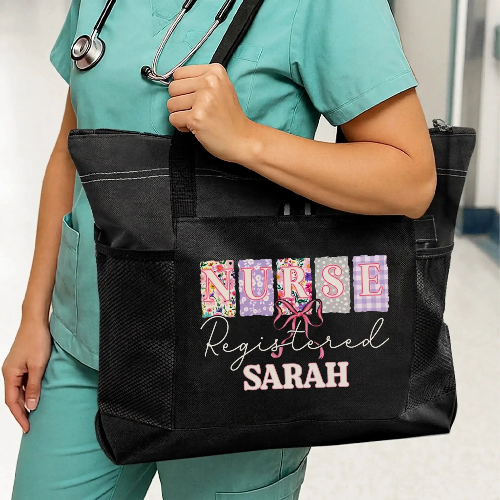 Nursehype Coquette Patchwork Registered Nurse Personalized Tote Bag