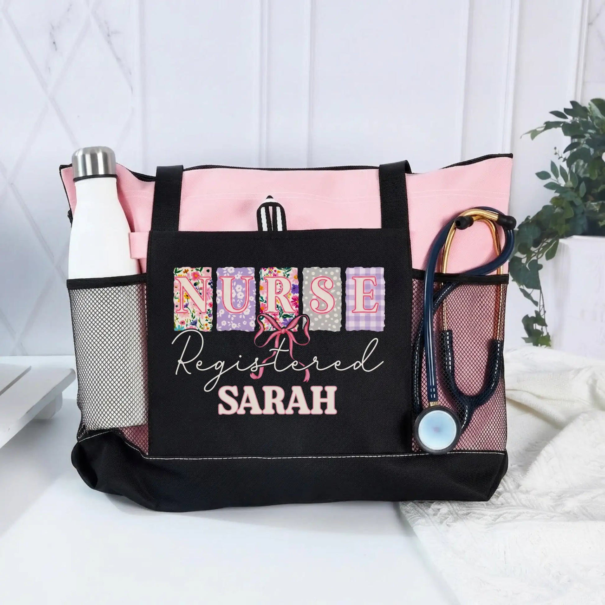 Nursehype Coquette Patchwork Registered Nurse Personalized Tote Bag