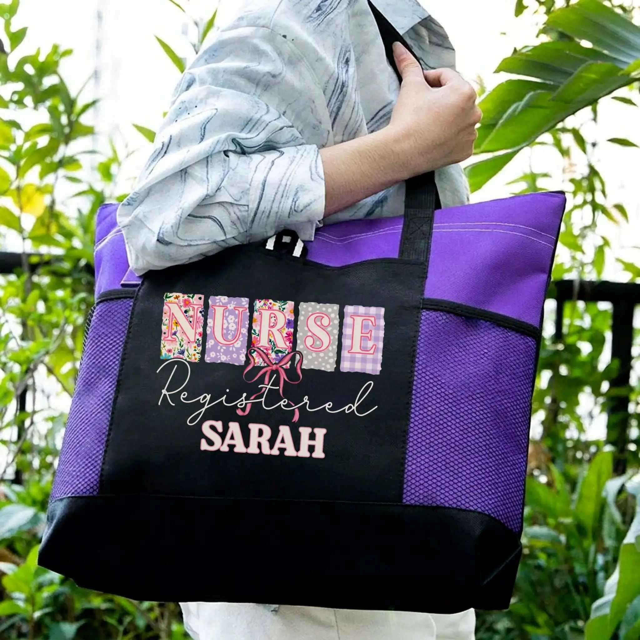 Nursehype Coquette Patchwork Registered Nurse Personalized Tote Bag