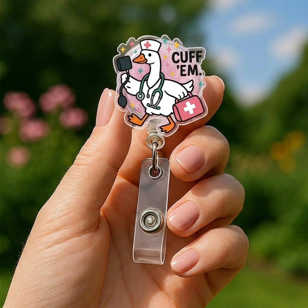Nursehype Cuff Em Goose Pink Glitter RN Badge Clip