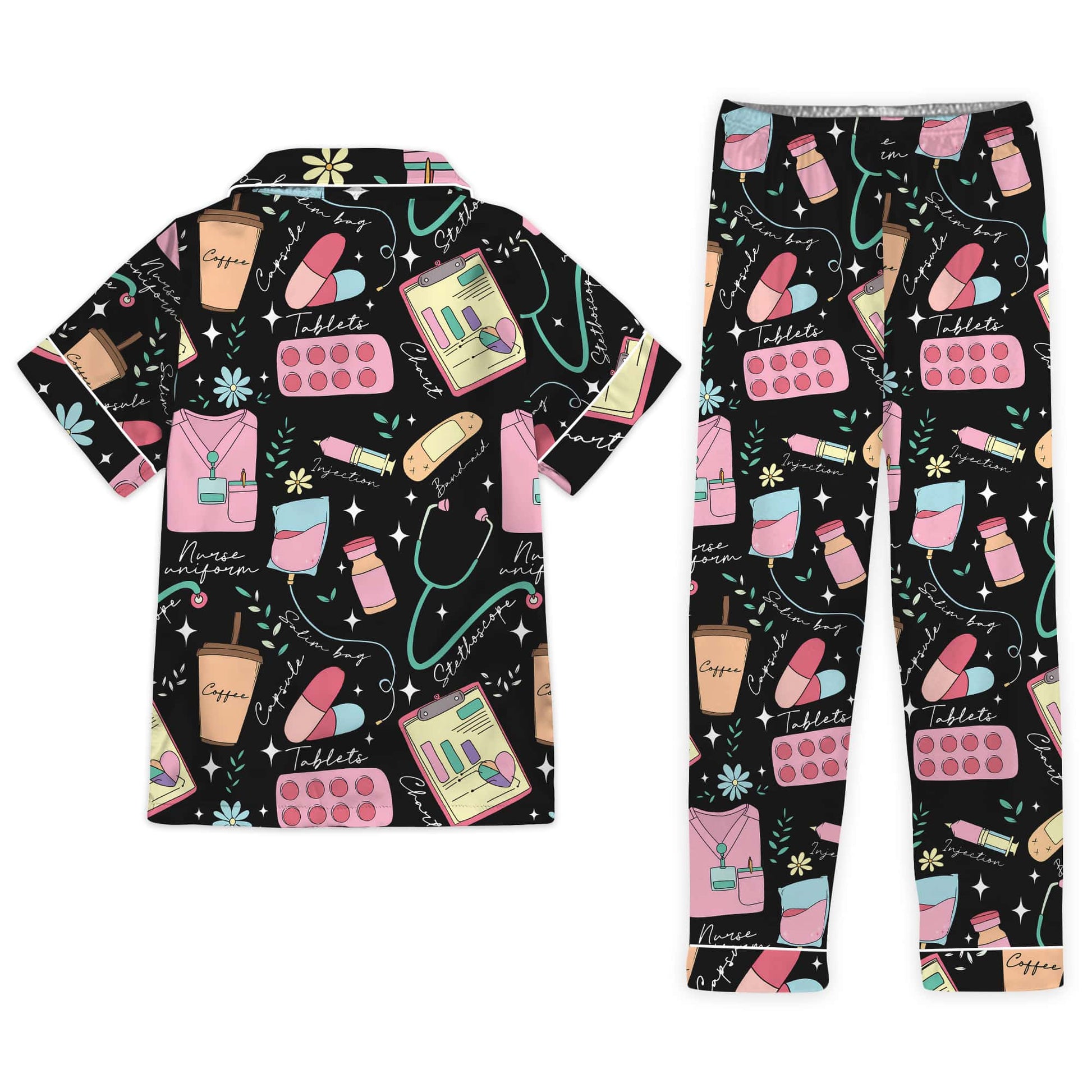 Nursehype Cute Nurse Life Pattern Satin Pajama Set