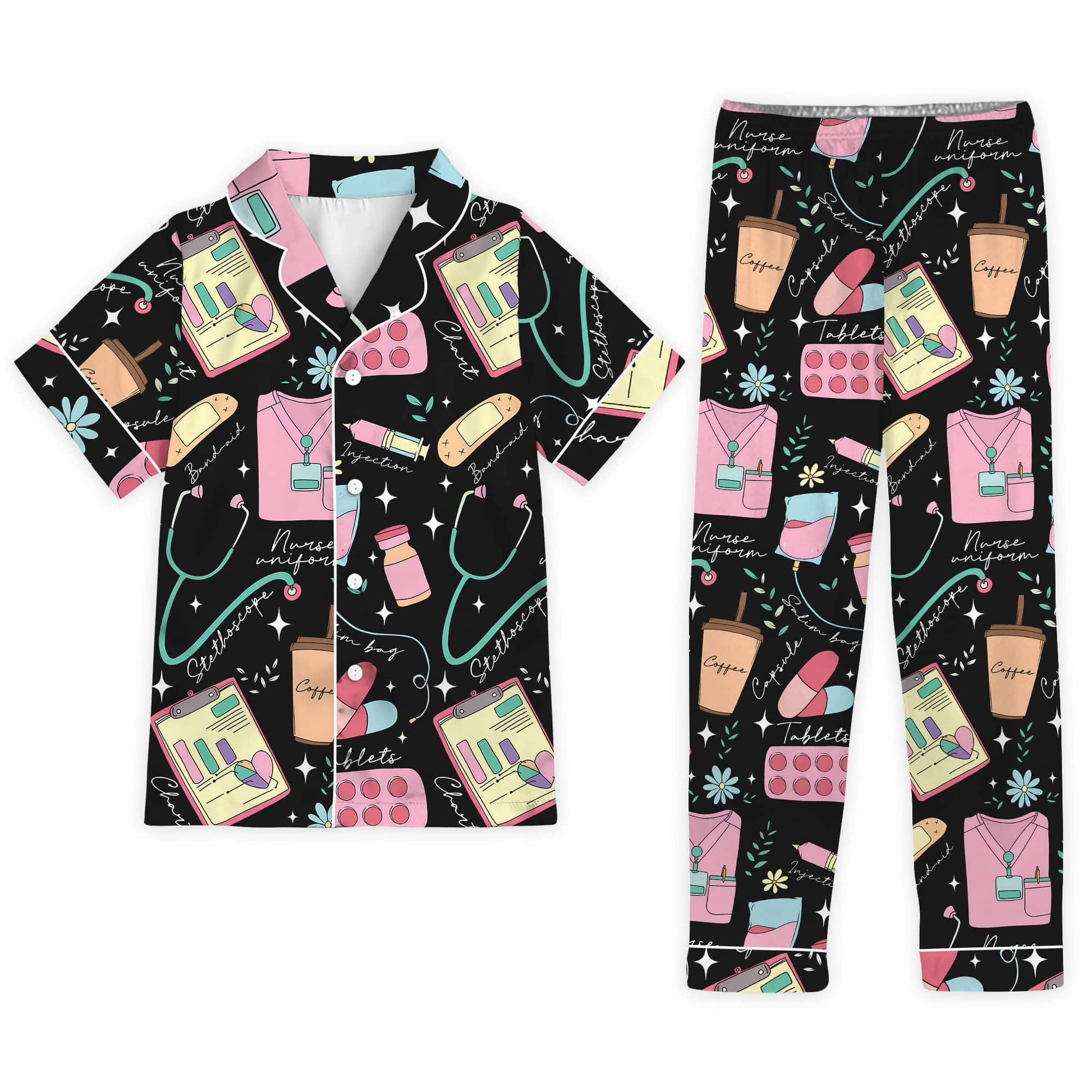 Nursehype Cute Nurse Life Pattern Satin Pajama Set