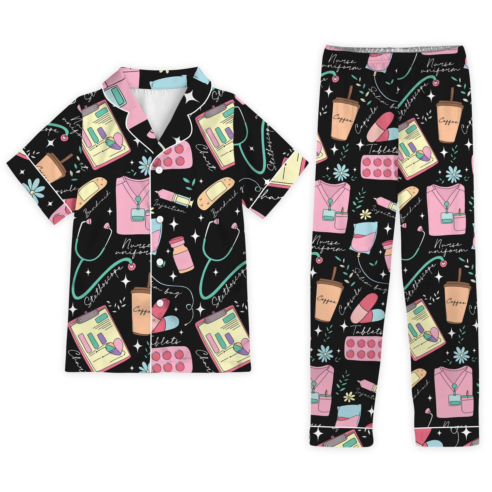 Nursehype Cute Nurse Life Pattern Satin Pajama Set
