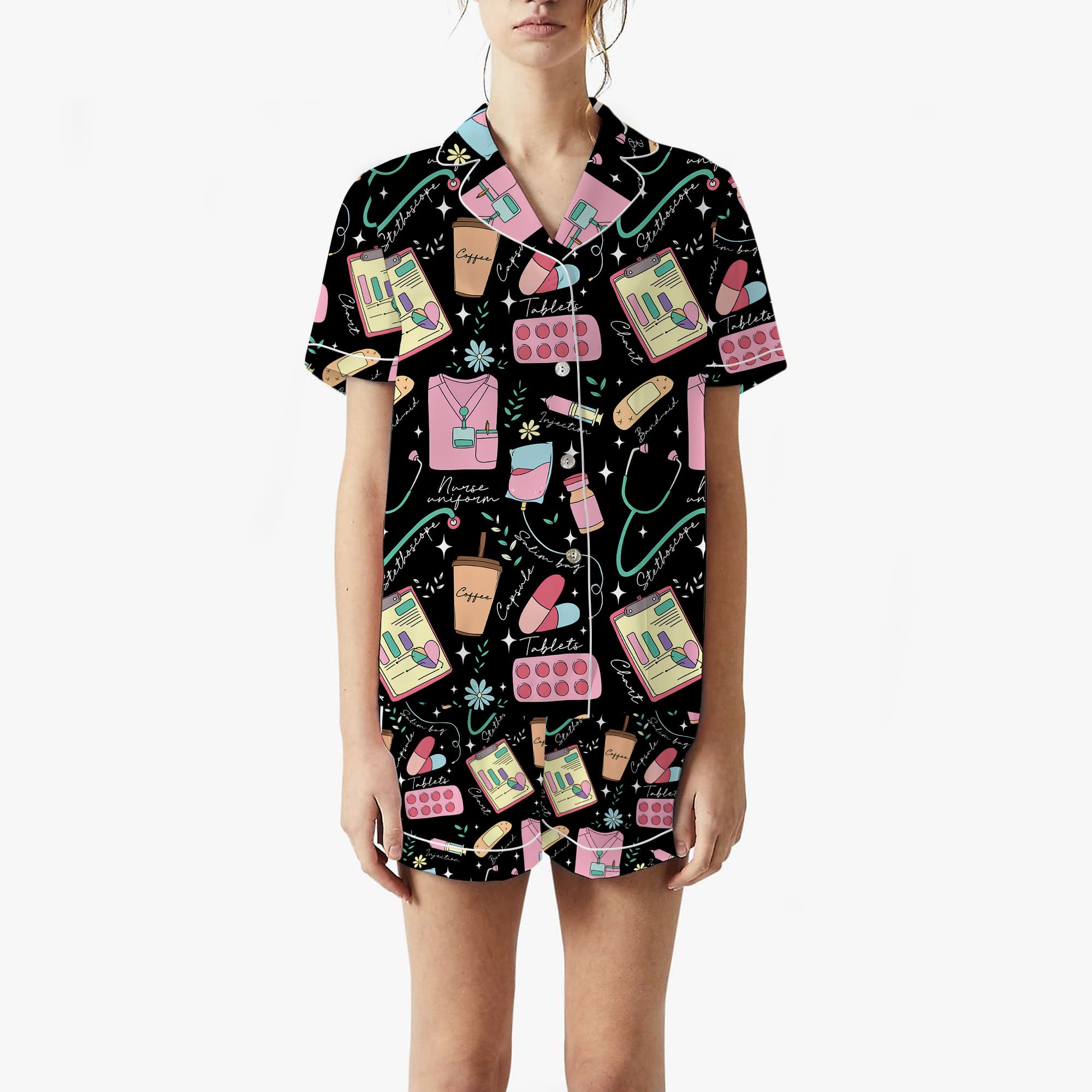 Nursehype Cute Nurse Life Pattern Satin Pajama Set
