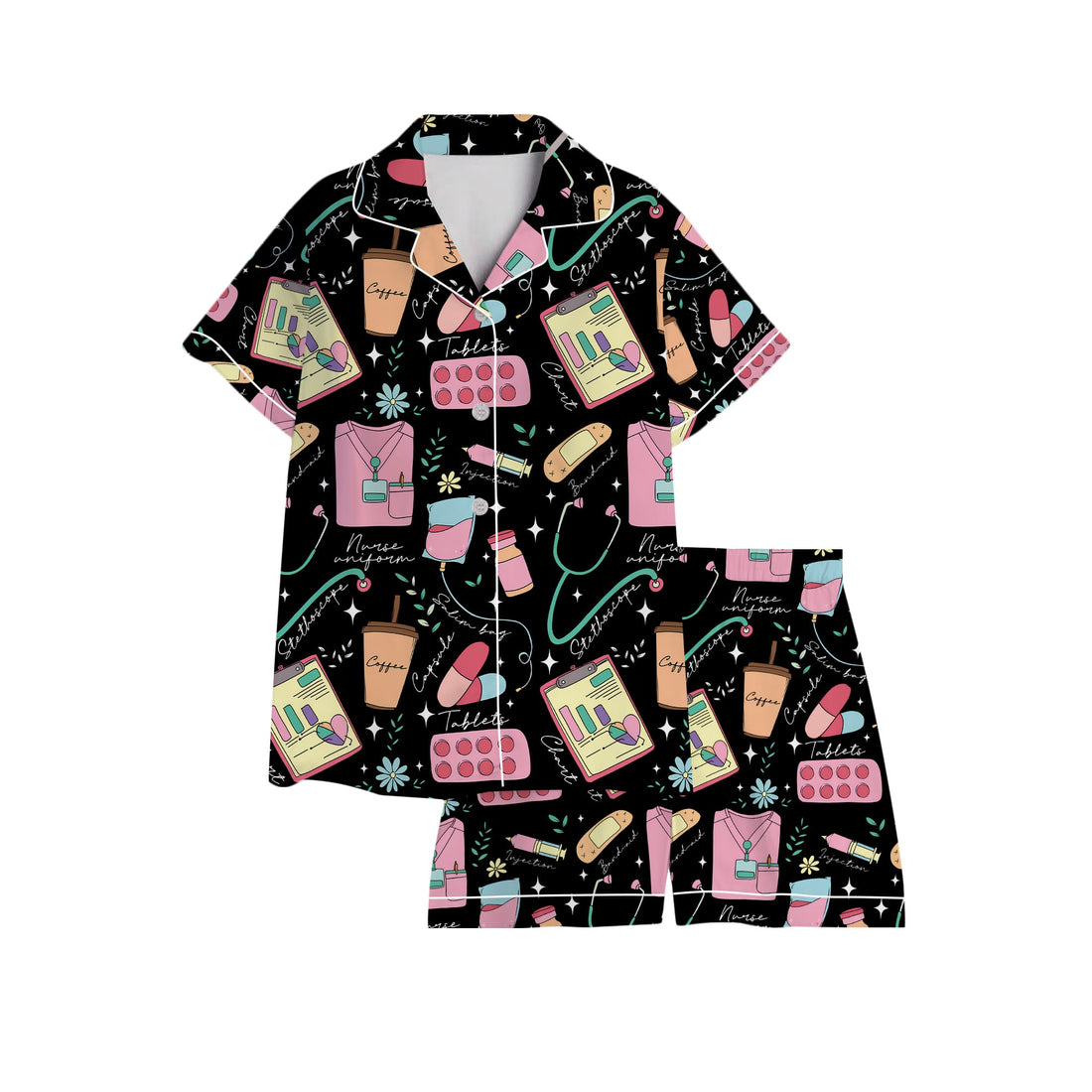 Nursehype Cute Nurse Life Pattern Satin Pajama Set