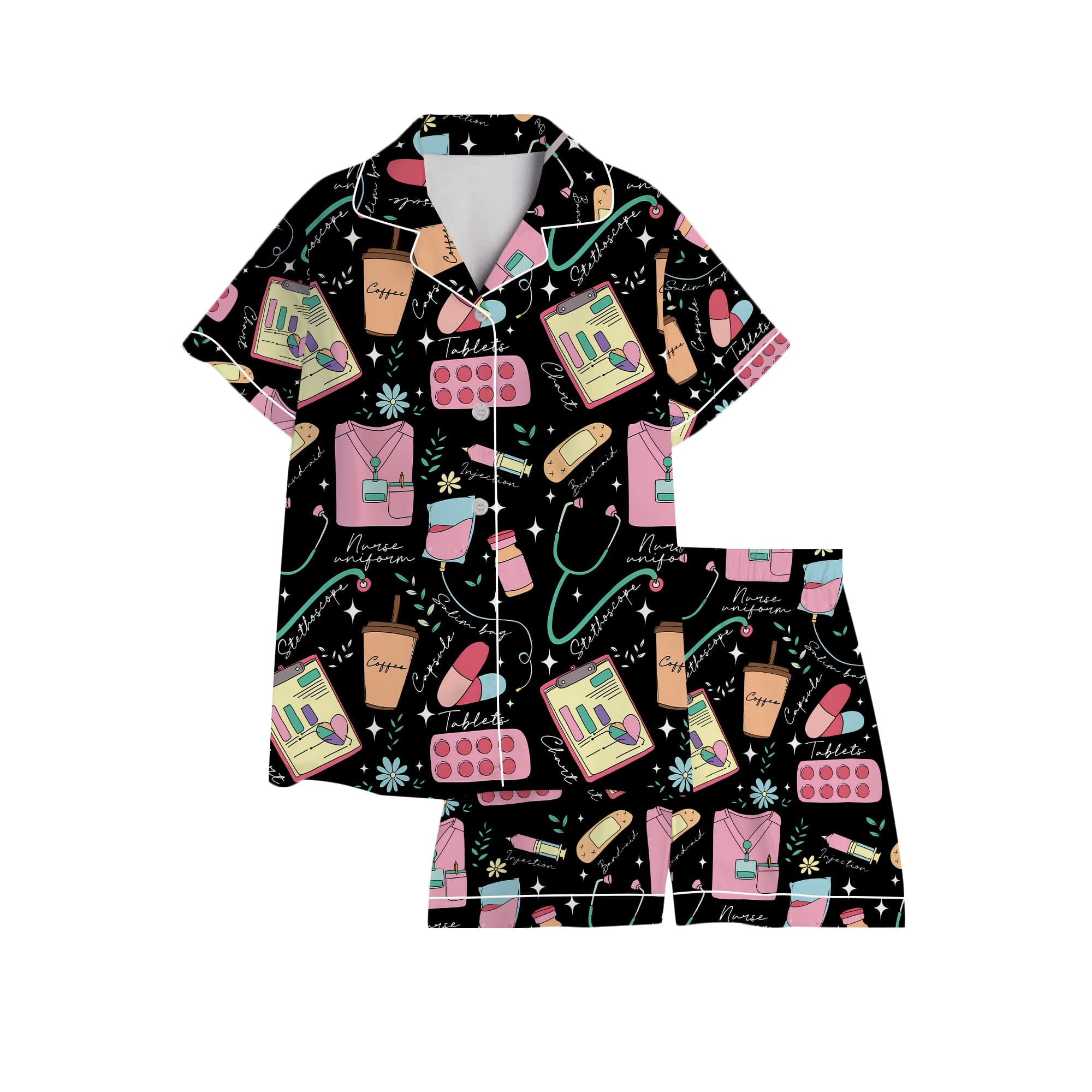 Nursehype Cute Nurse Life Pattern Satin Pajama Set