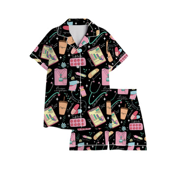 Nursehype Cute Nurse Life Pattern Satin Pajama Set