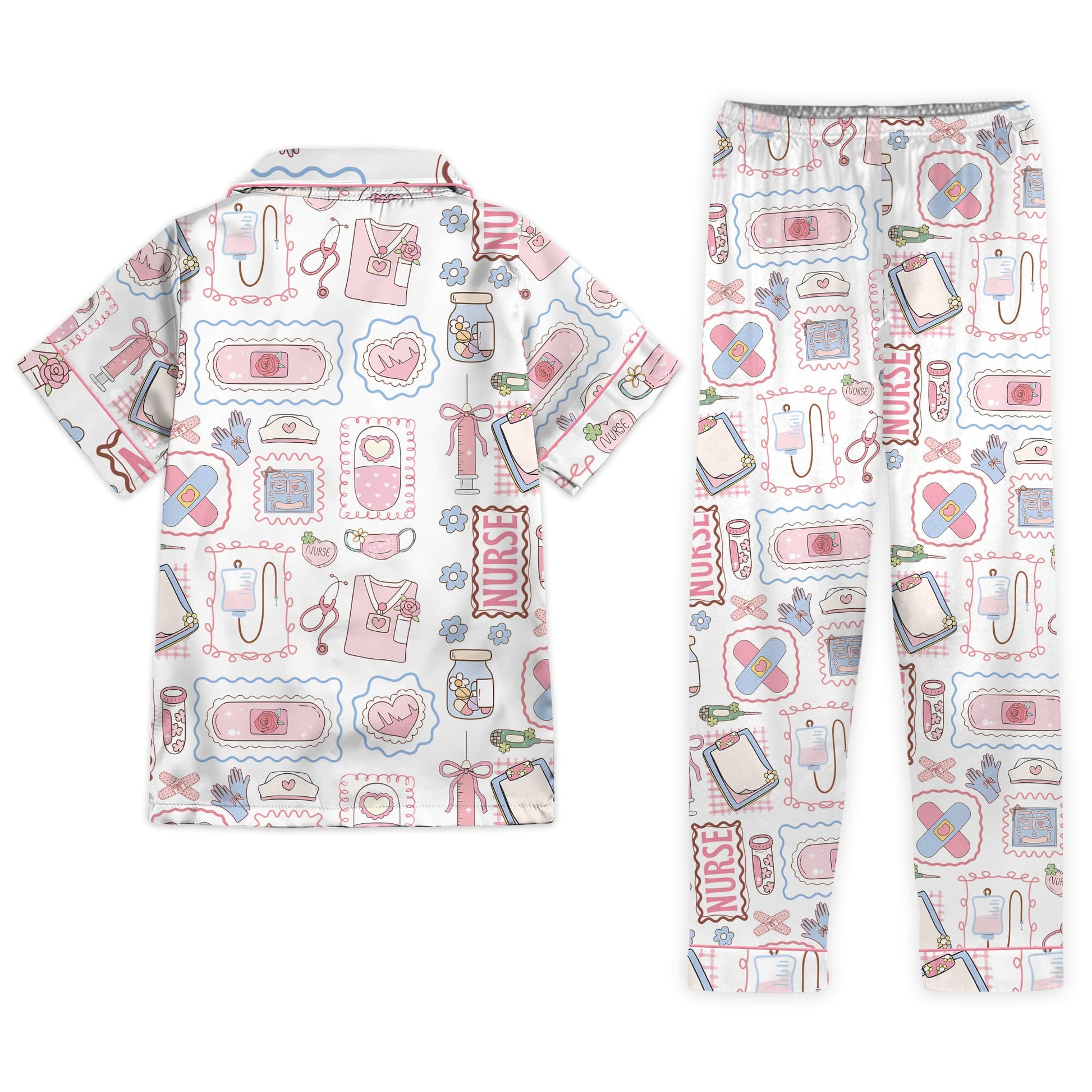 Nursehype Cute Pastel Nurse Doodle Short Sleeve Satin Pajama Set