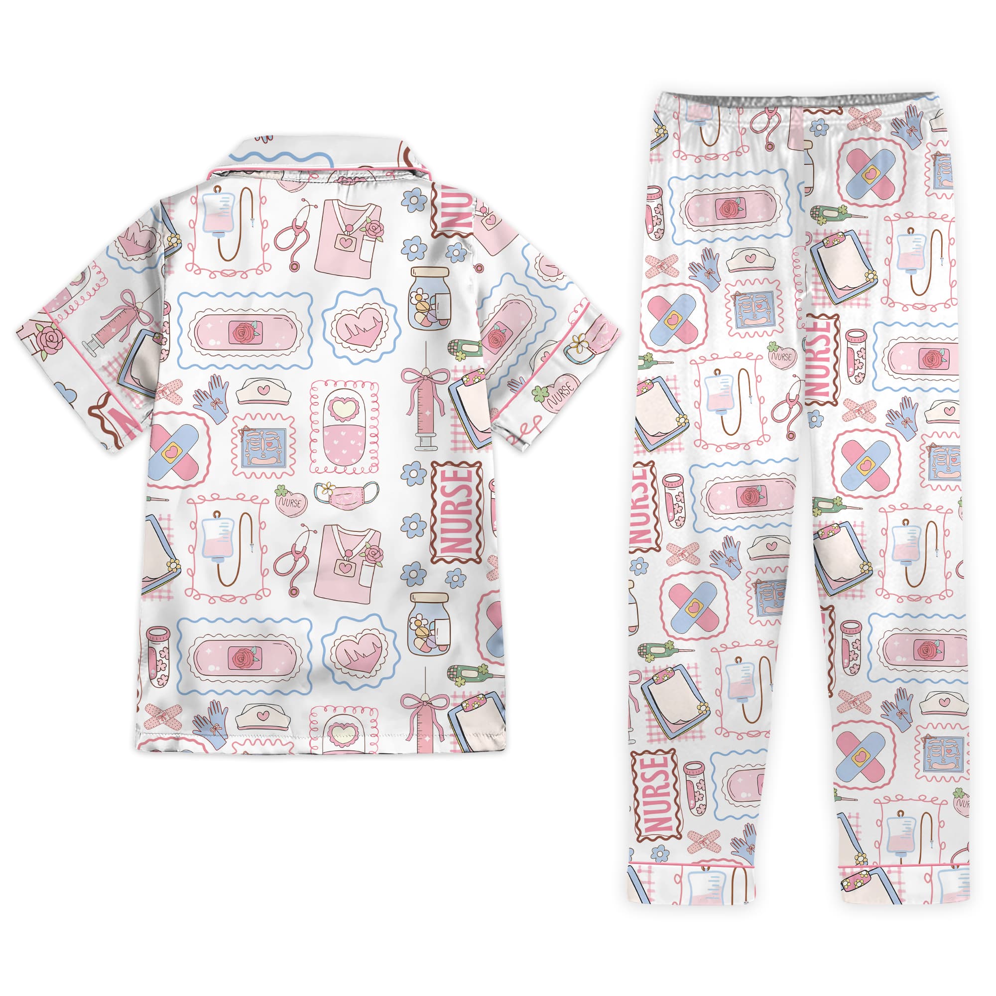 Nursehype Cute Pastel Nurse Doodle Short Sleeve Satin Pajama Set