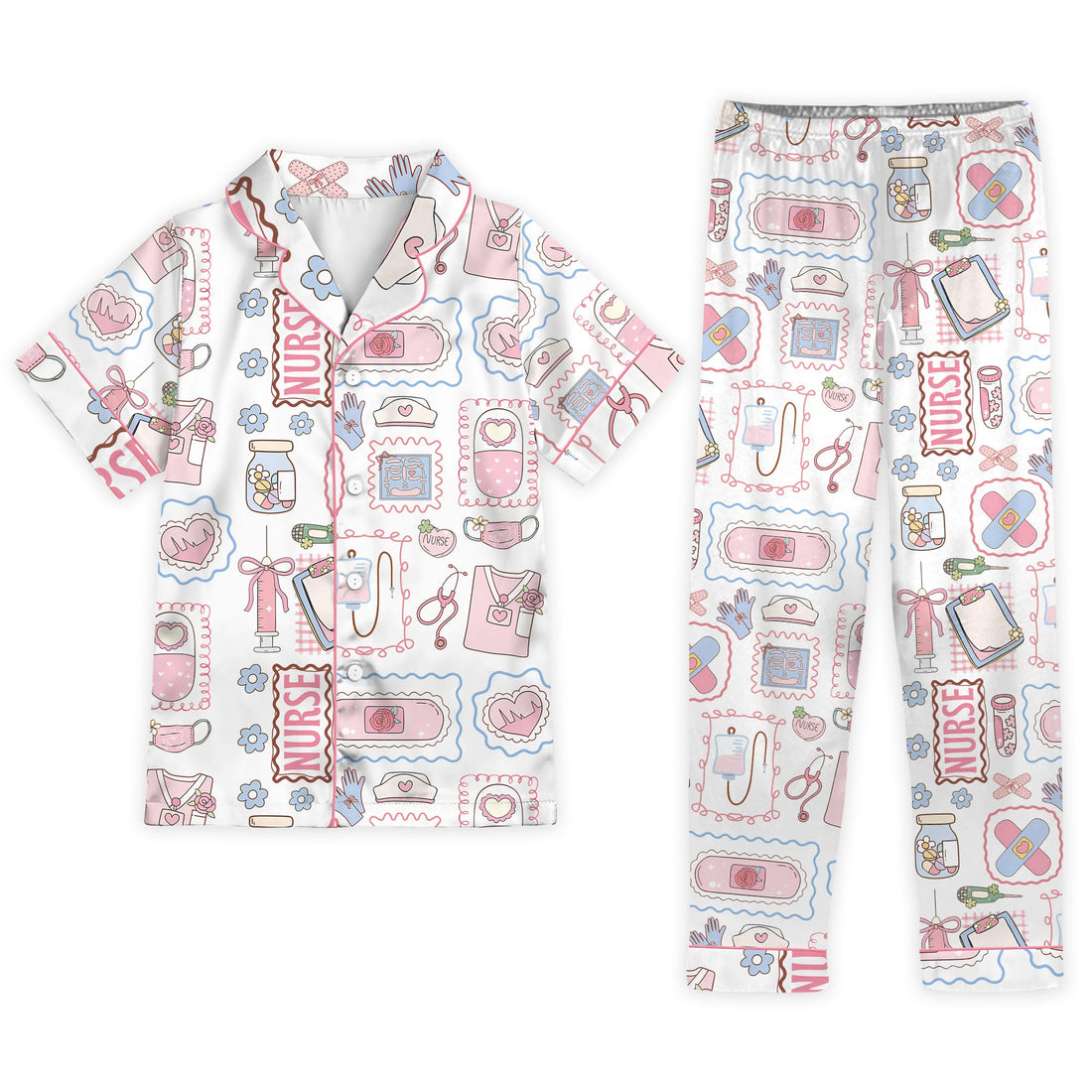 Nursehype Cute Pastel Nurse Doodle Short Sleeve Satin Pajama Set