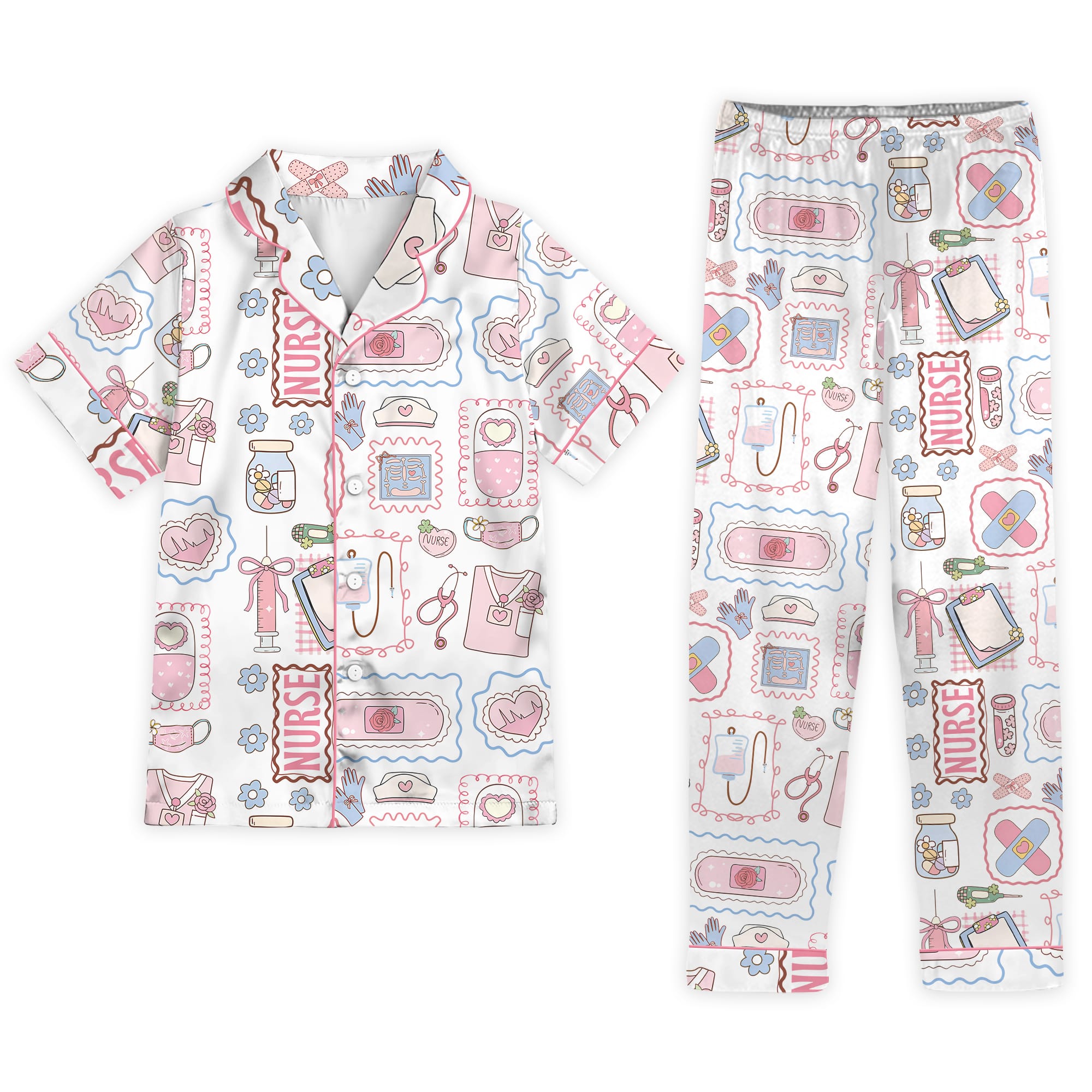 Cute Pastel Nurse Doodle Short Sleeve Satin Pajama Set