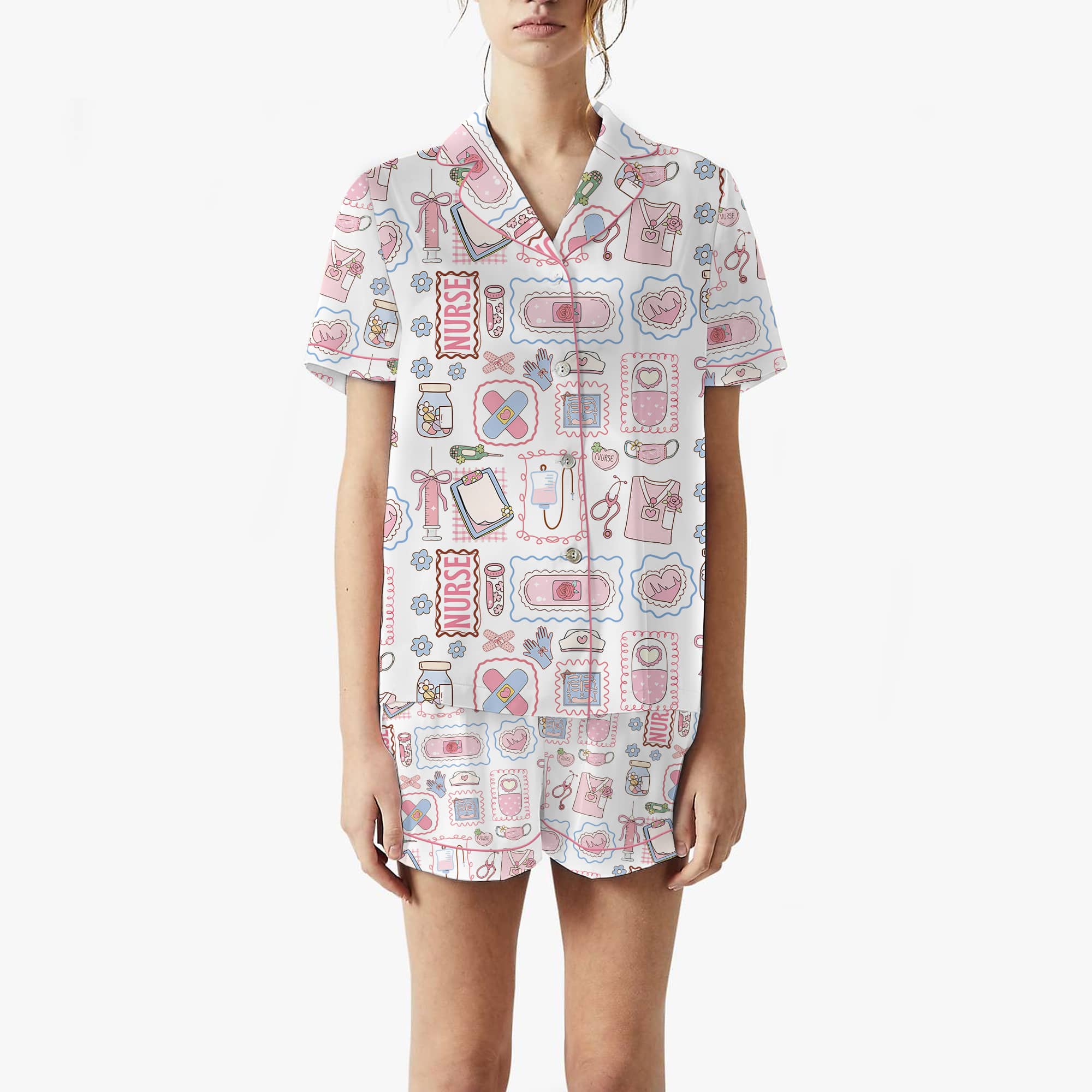 Nursehype Cute Pastel Nurse Doodle Short Sleeve Satin Pajama Set