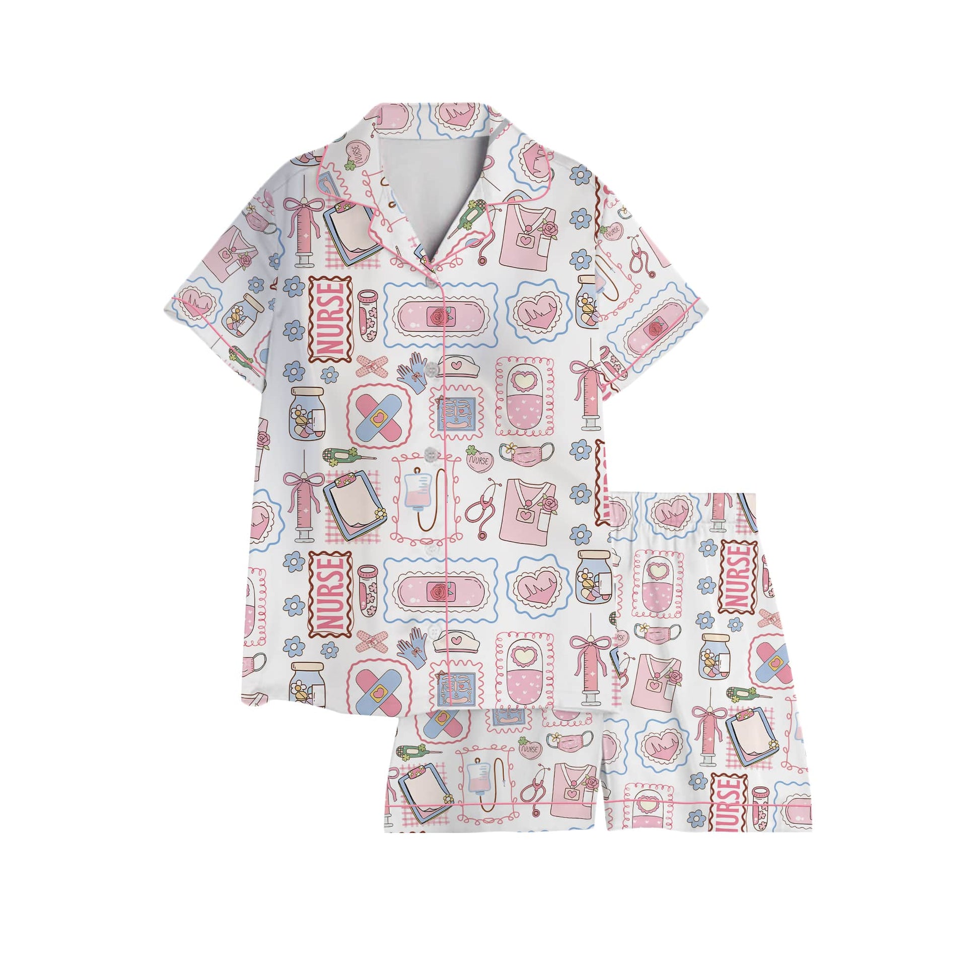 Nursehype Cute Pastel Nurse Doodle Short Sleeve Satin Pajama Set