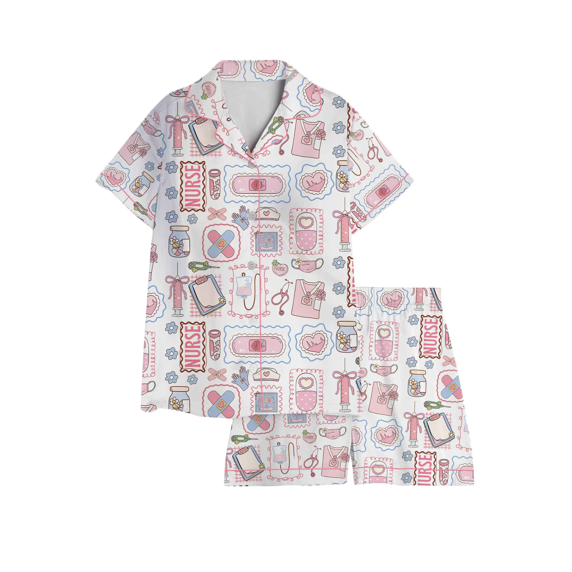 Nursehype Cute Pastel Nurse Doodle Short Sleeve Satin Pajama Set