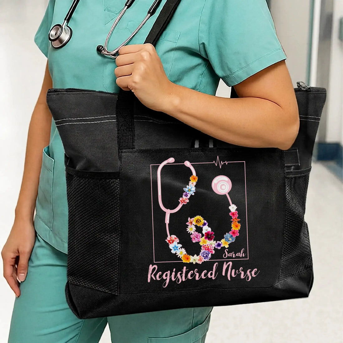 Nursehype Floral Stethoscope Registered Nurse Custom Tote Bag