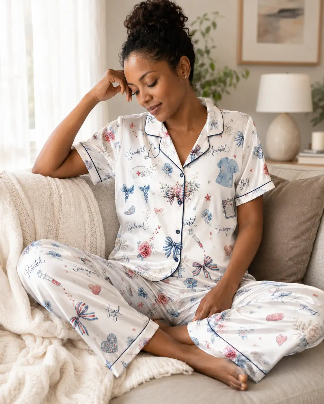 God Says I Am Nurse Floral Watercolor Satin Pajama Set