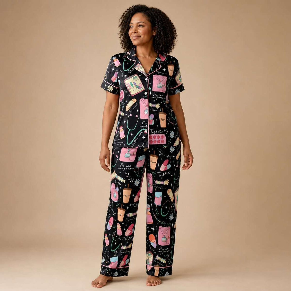 Nursehype Cute Nurse Life Pattern Satin Pajama Set