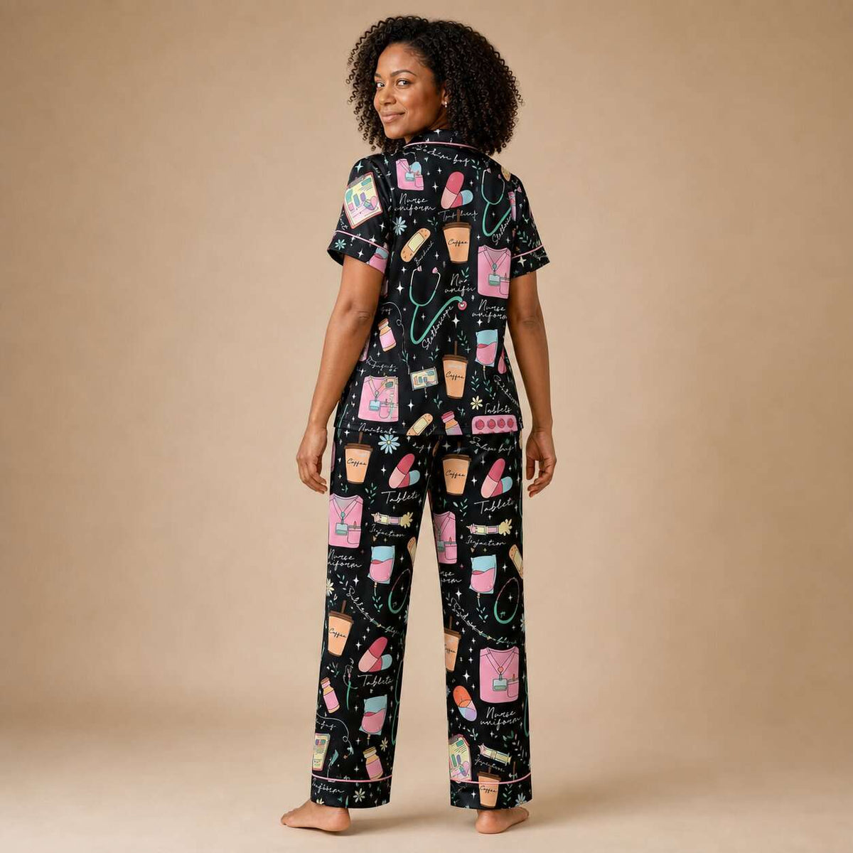 Nursehype Cute Nurse Life Pattern Satin Pajama Set