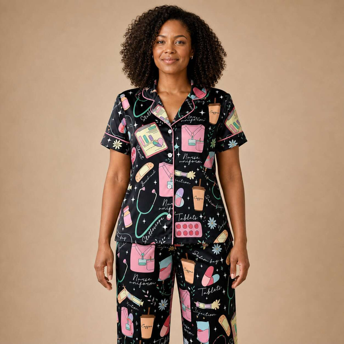 Nursehype Cute Nurse Life Pattern Satin Pajama Set