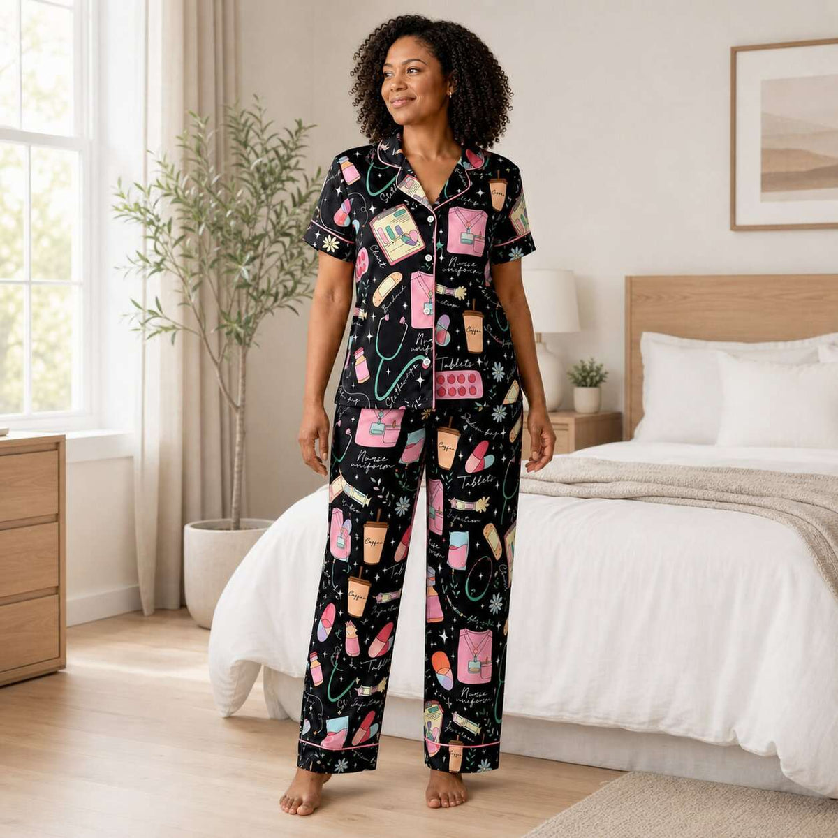 Nursehype Cute Nurse Life Pattern Satin Pajama Set