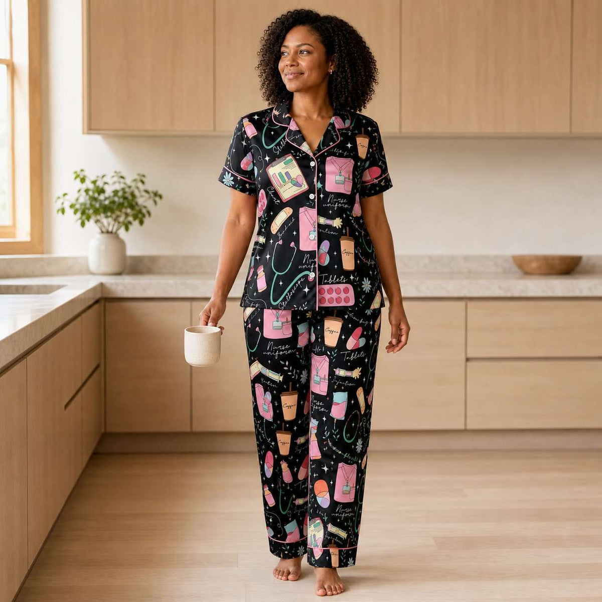 Nursehype Cute Nurse Life Pattern Satin Pajama Set