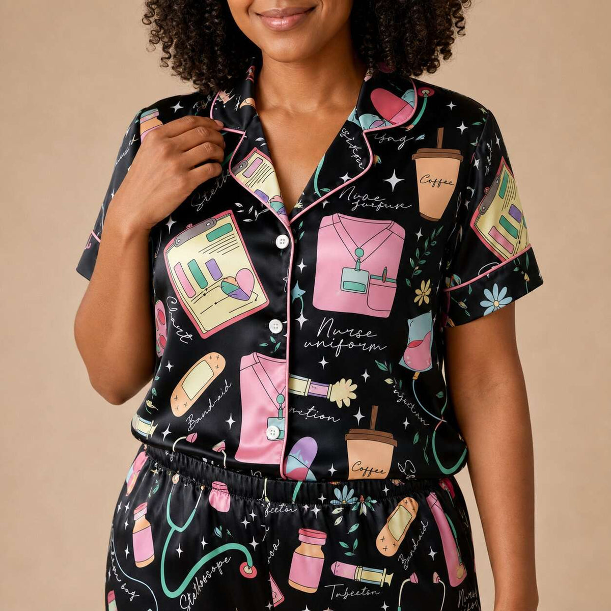 Nursehype Cute Nurse Life Pattern Satin Pajama Set