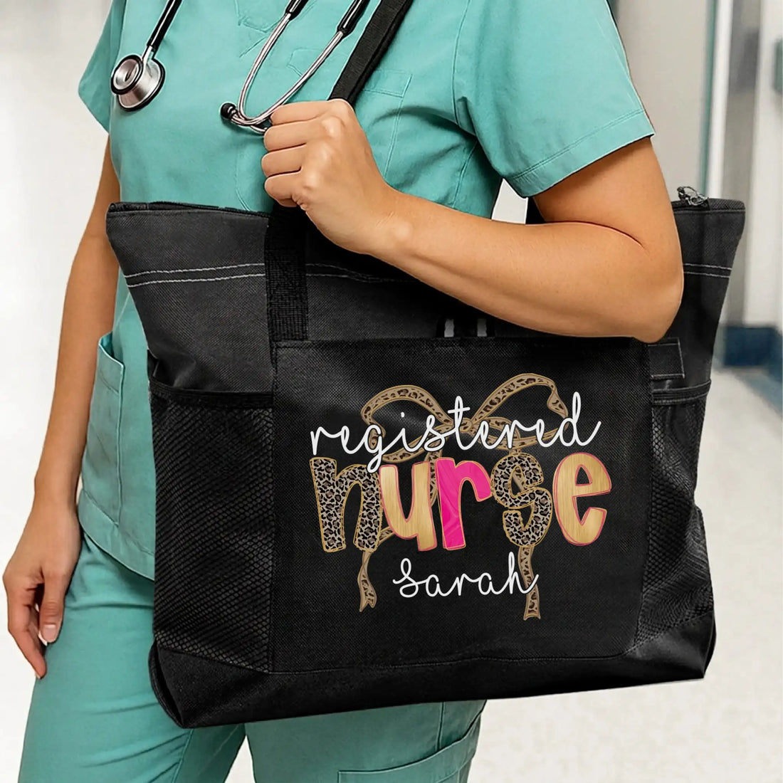 Nursehype Leopard Bow Registered Nurse Personalized Tote Bag