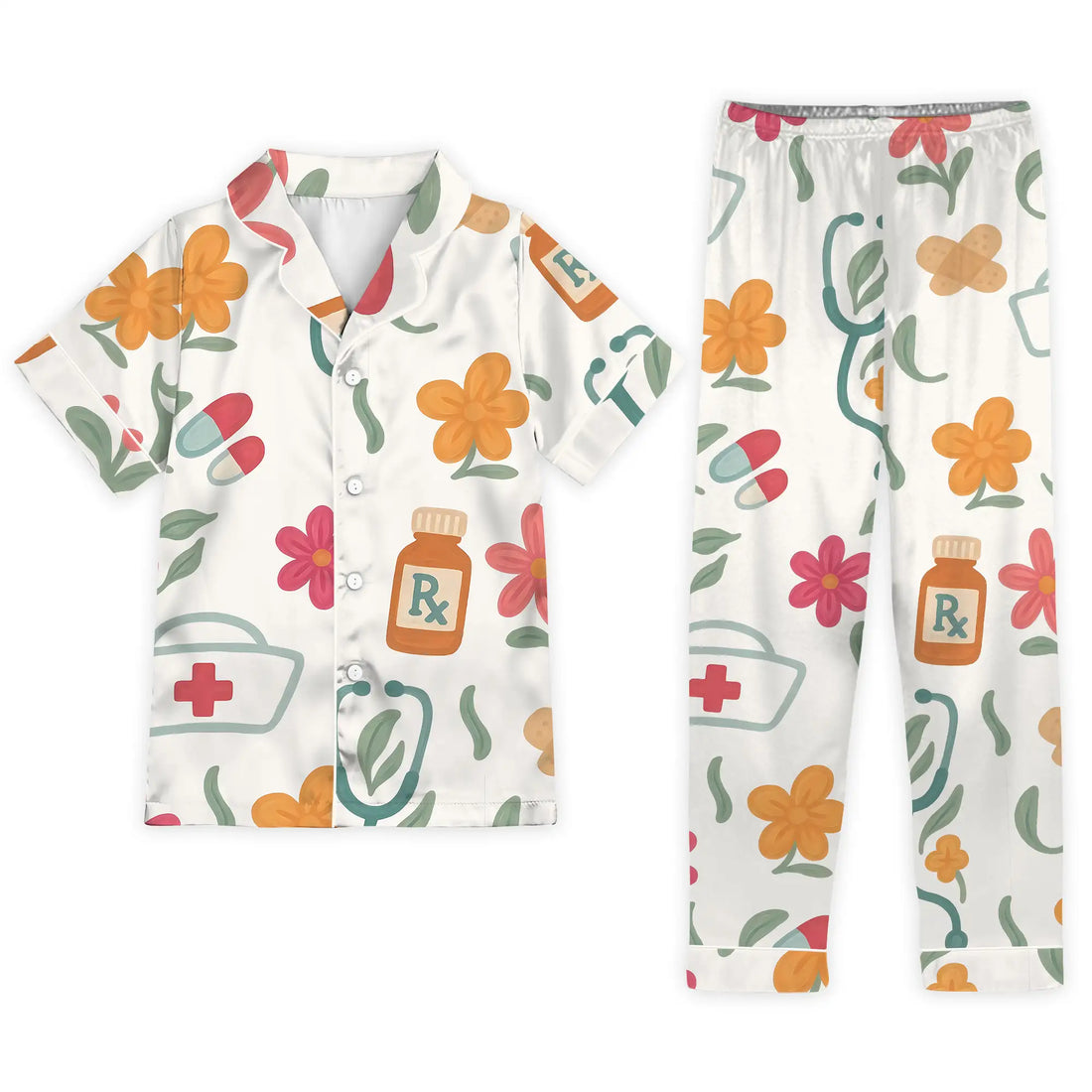 Nursehype Nurse Floral Icons Satin Pajama Set