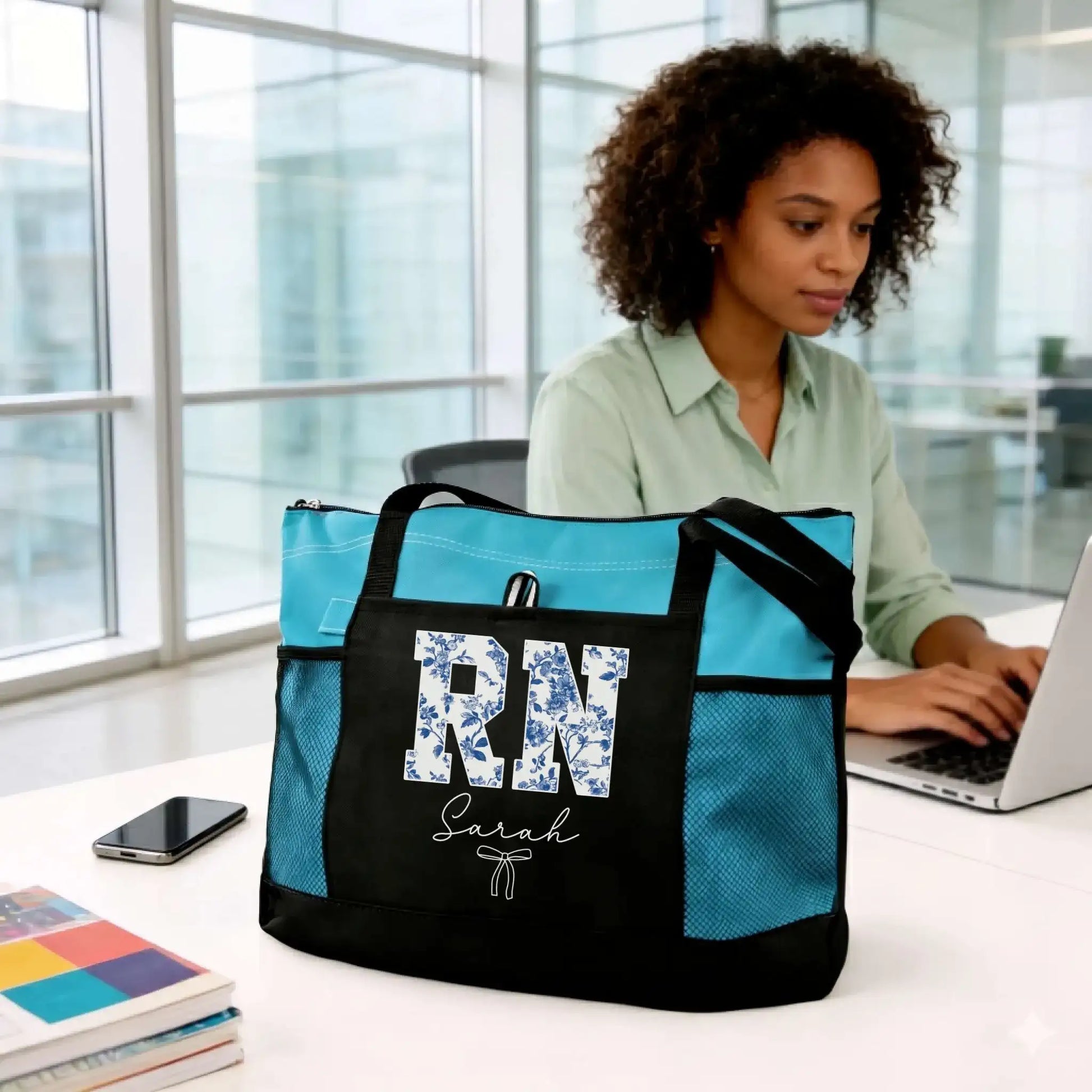 Nursehype Personalized Blue Floral RN Tote Bag