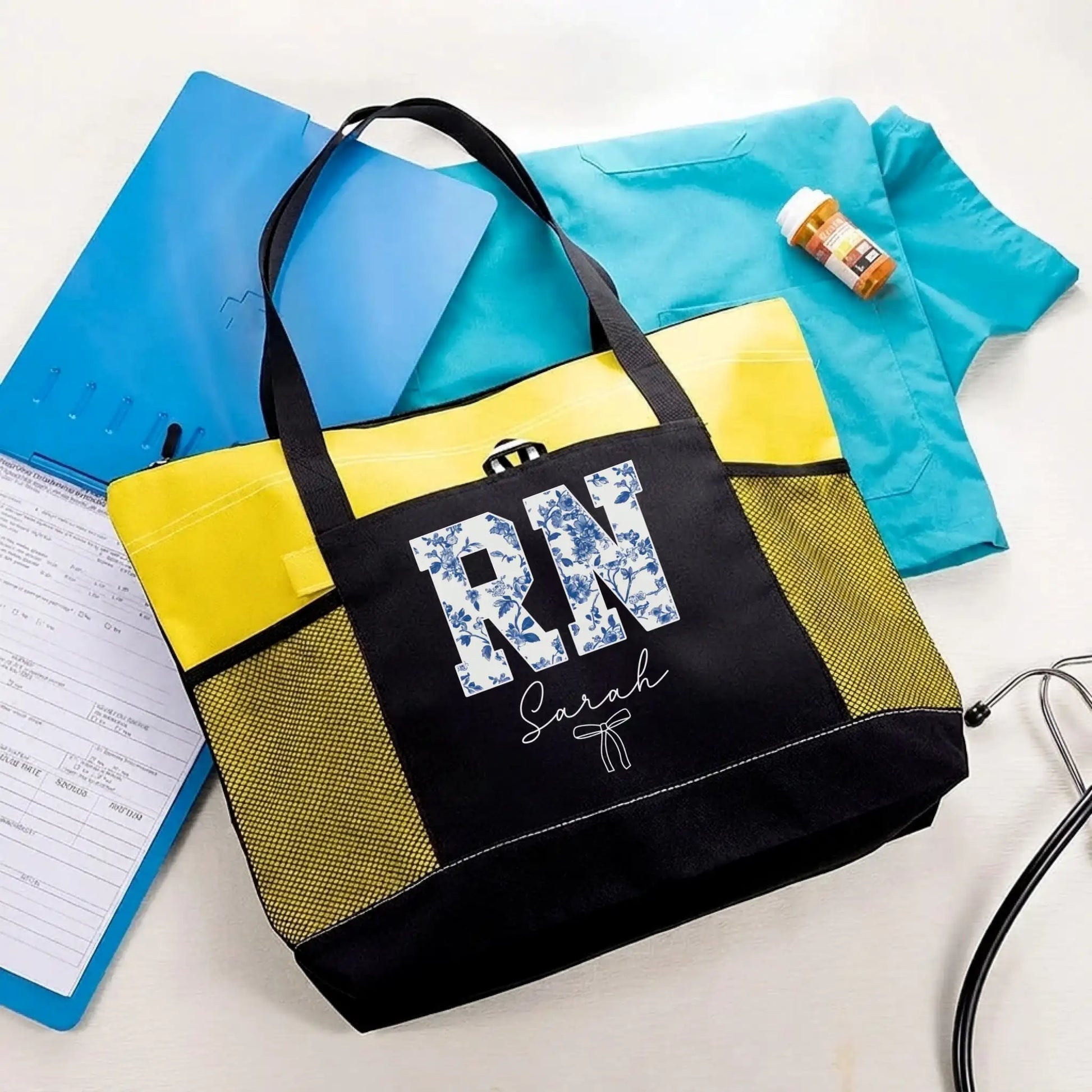 Nursehype Personalized Blue Floral RN Tote Bag