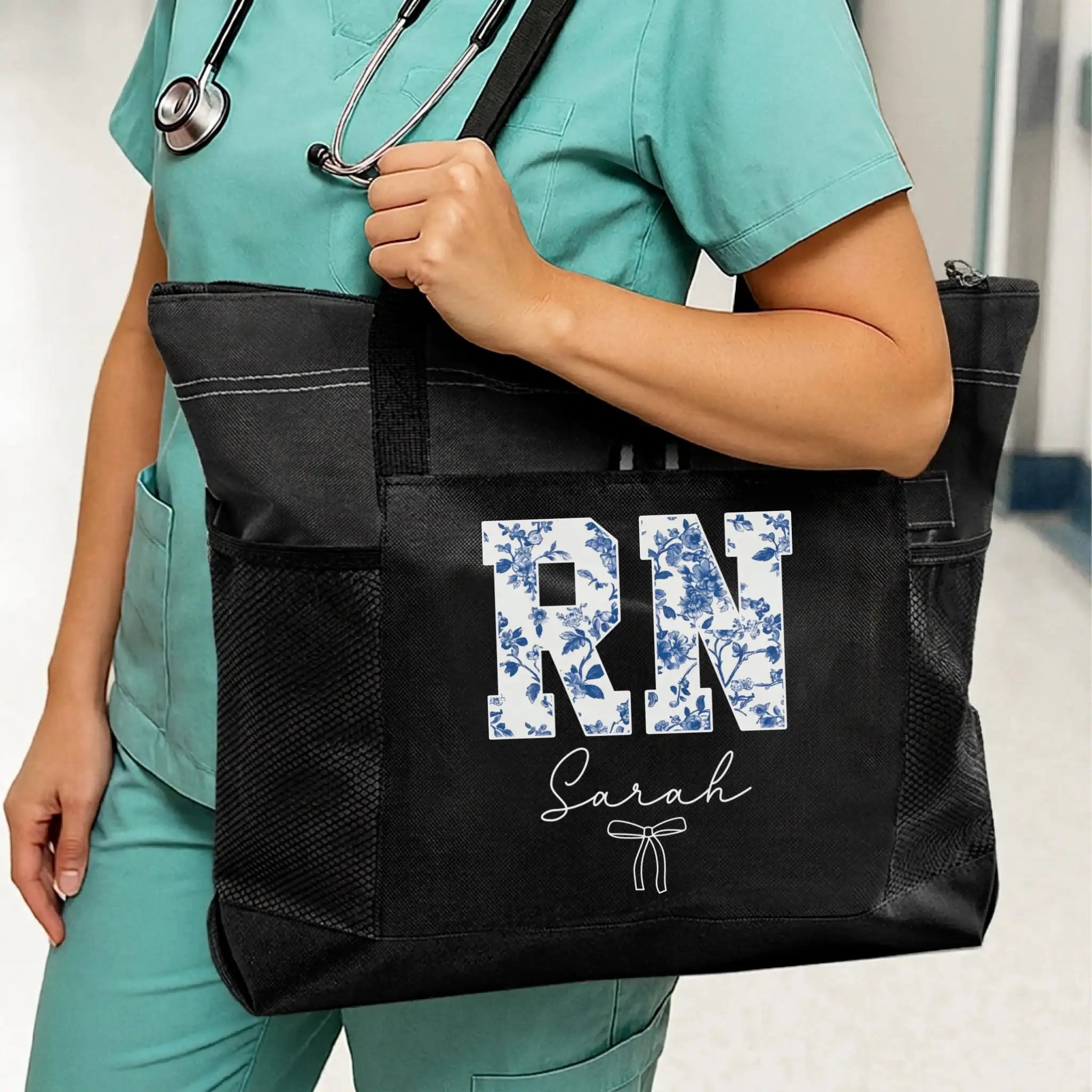 Nursehype Personalized Blue Floral RN Tote Bag