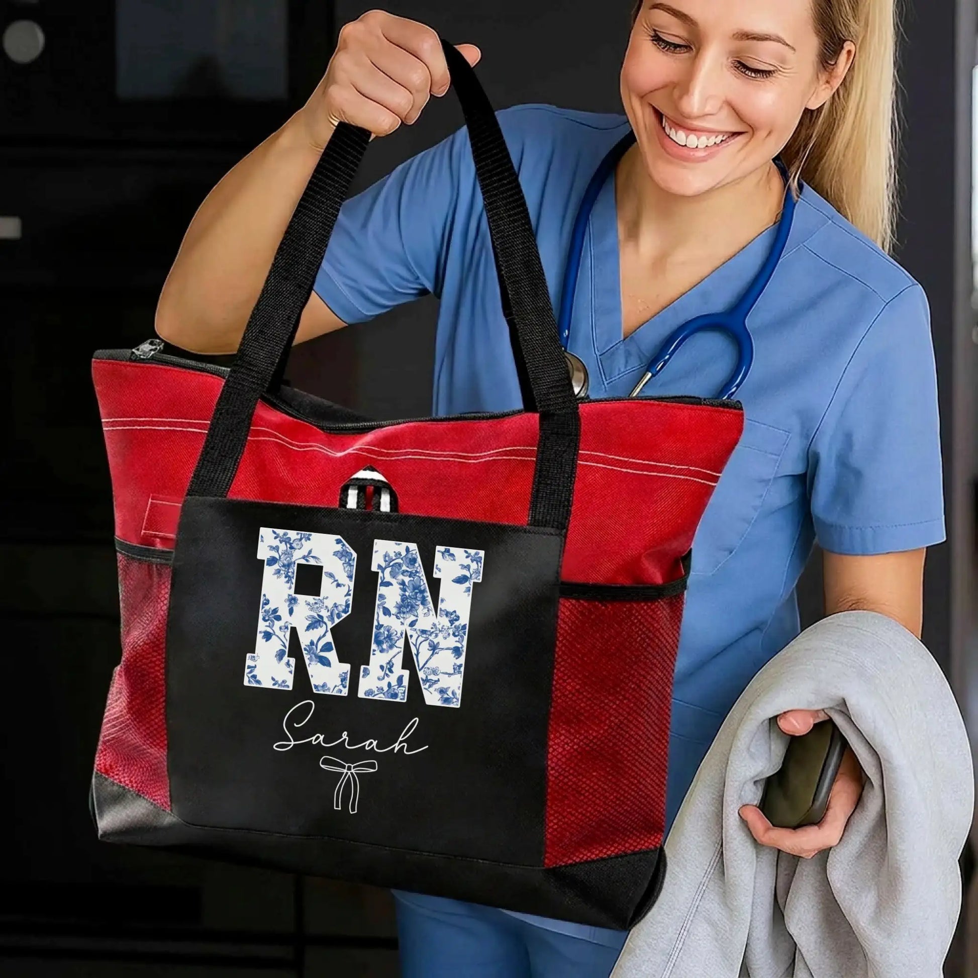 Nursehype Personalized Blue Floral RN Tote Bag