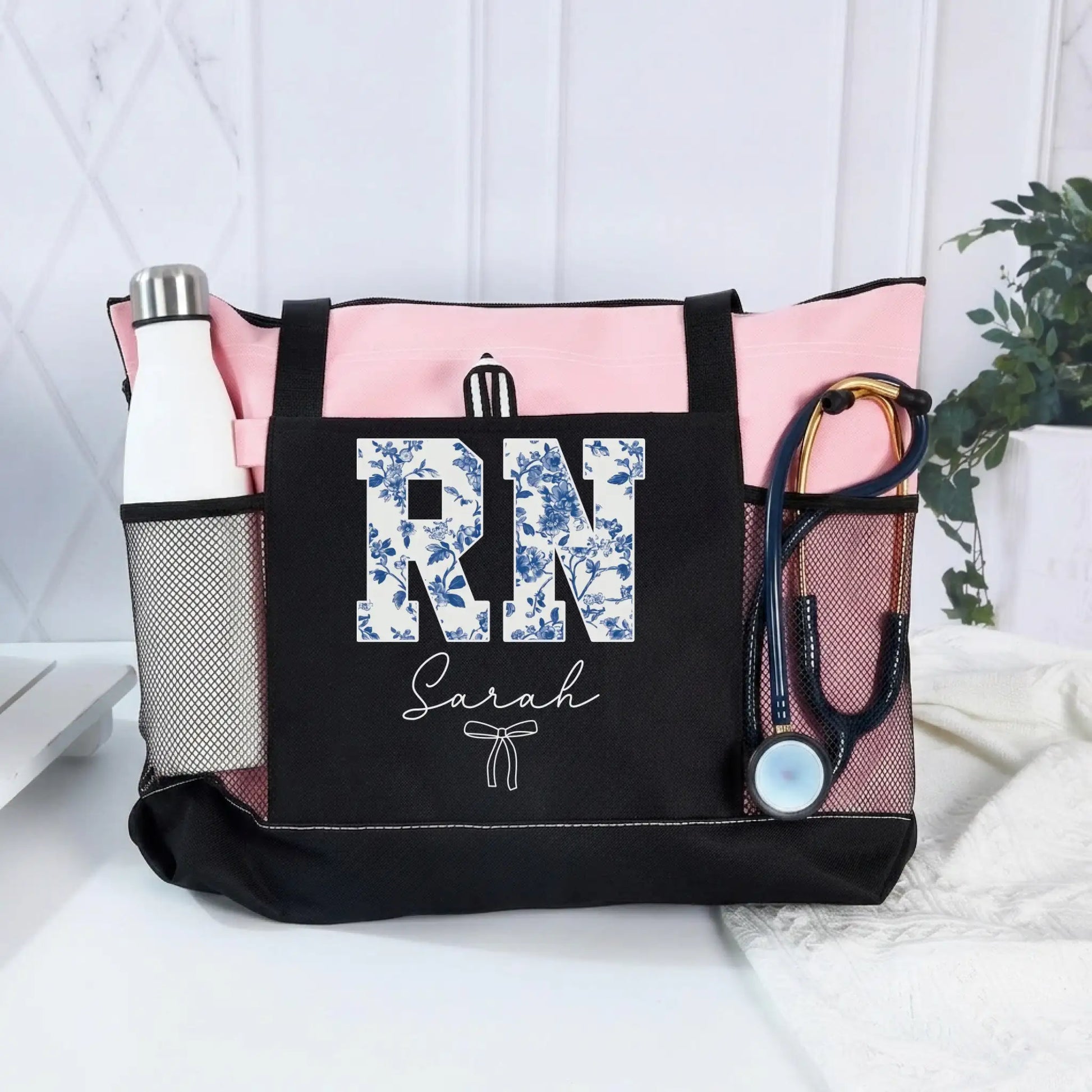 Nursehype Personalized Blue Floral RN Tote Bag
