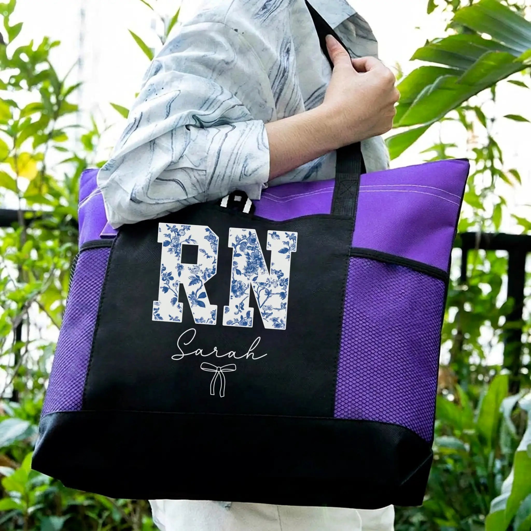 Nursehype Personalized Blue Floral RN Tote Bag