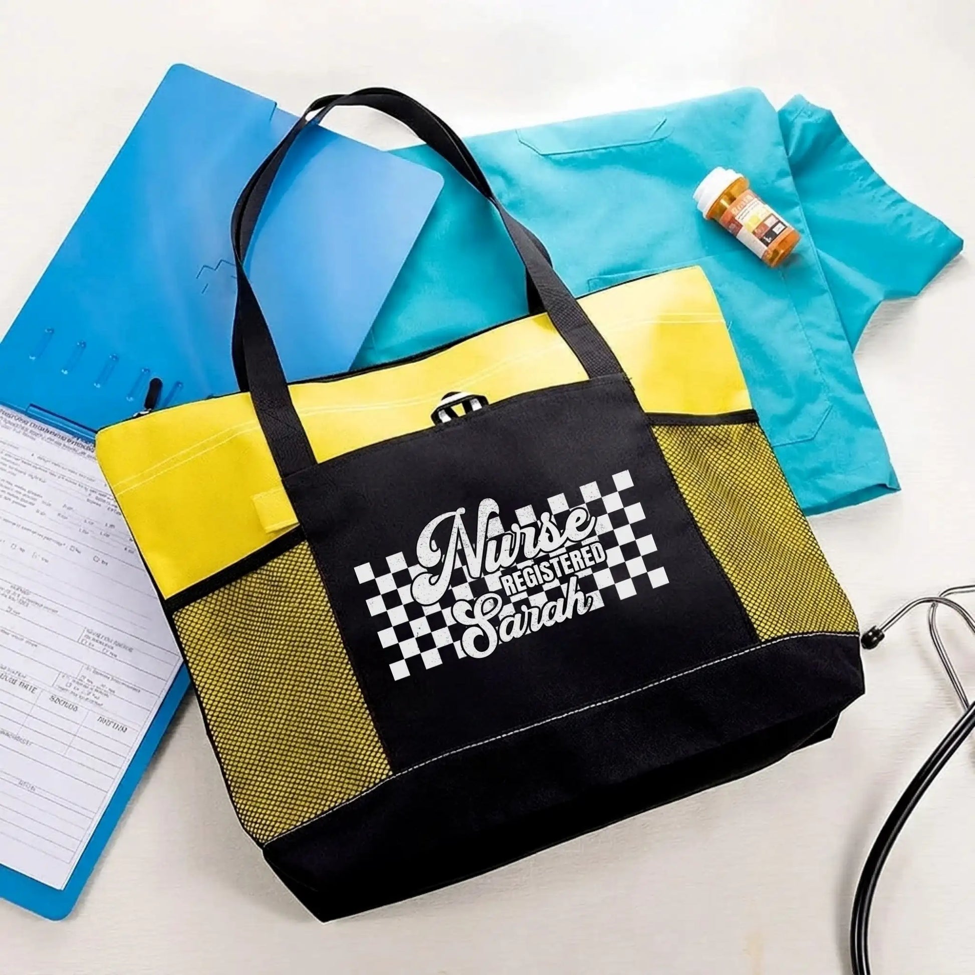 Nursehype Personalized Checkered Registered Nurse Tote Bag