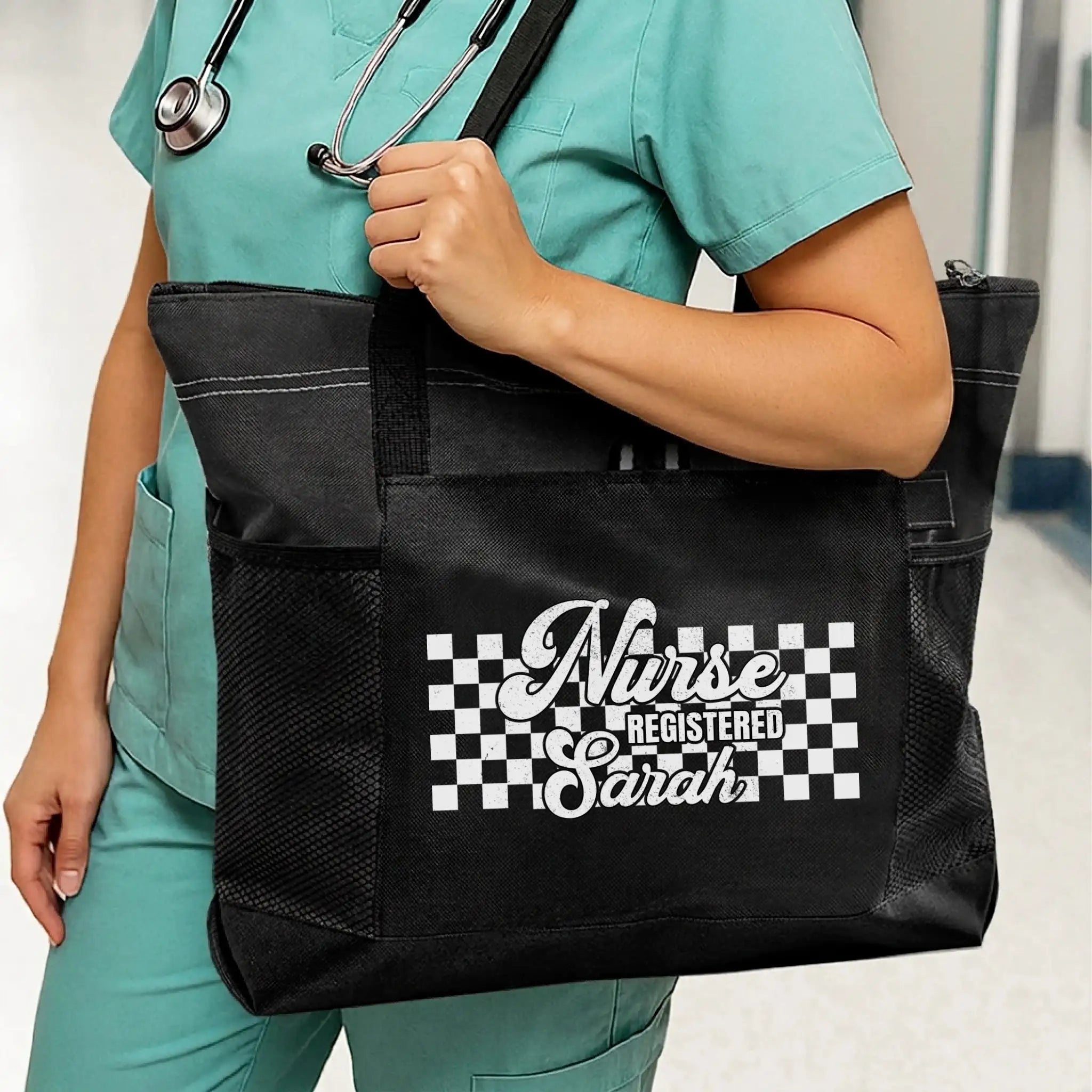 Nursehype Personalized Checkered Registered Nurse Tote Bag