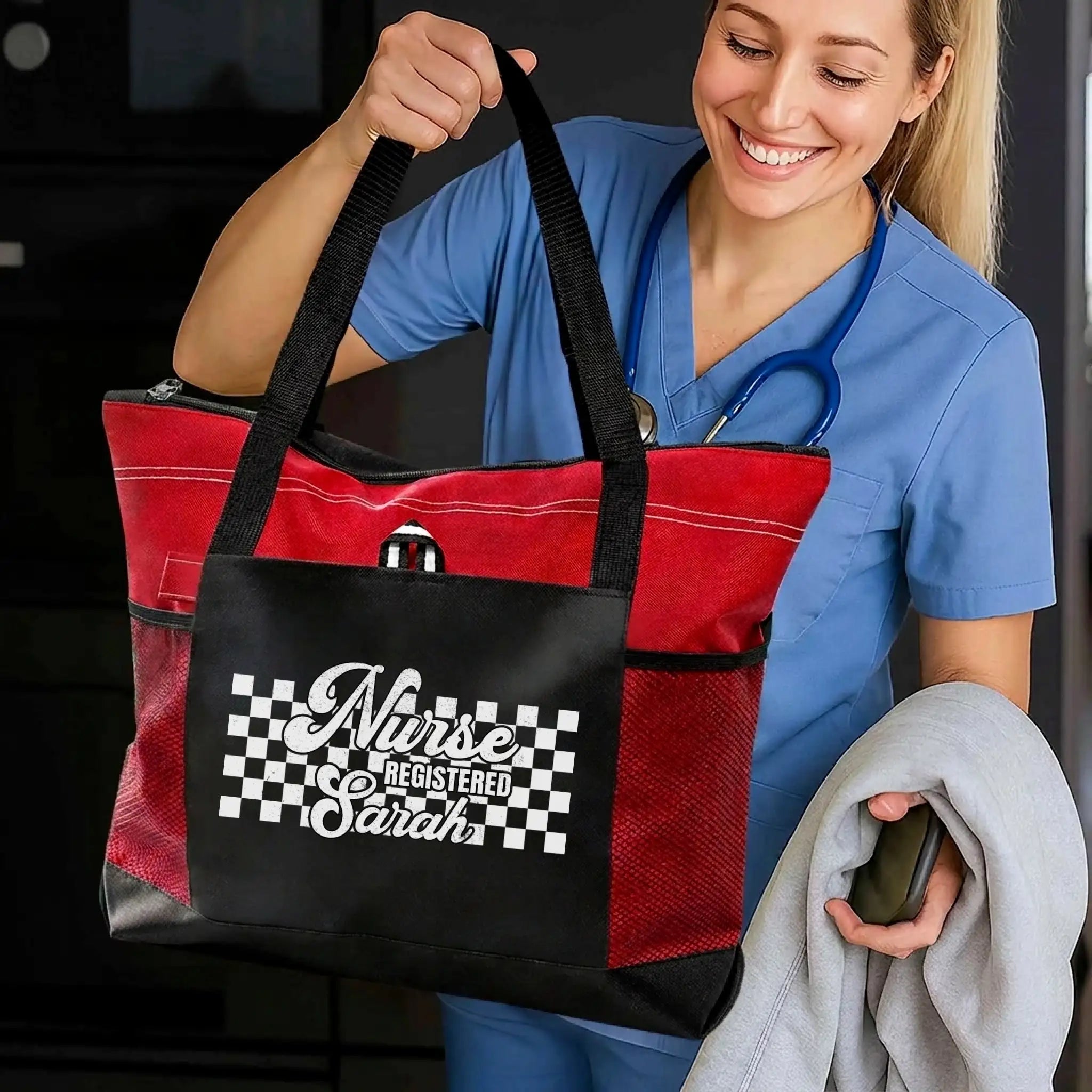Nursehype Personalized Checkered Registered Nurse Tote Bag
